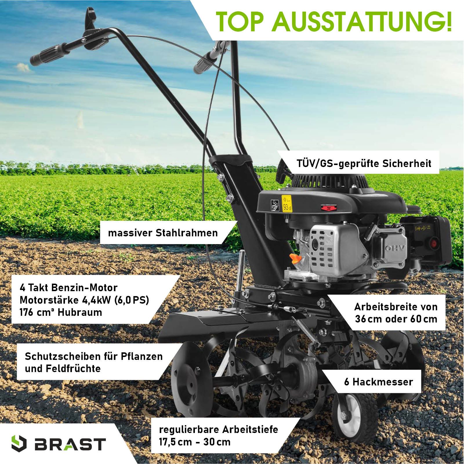 BRAST Benzinmotorhacke Ackerfräse 4,4kW (6PS) mit Selbstantrieb, 4-Takt OHV-Motor mit 176ccm, 60 cm Arbeitsbreite, TÜV geprüft, massiver Stahlrahmen, Gartenfräse Bodenfräse, AF5500N