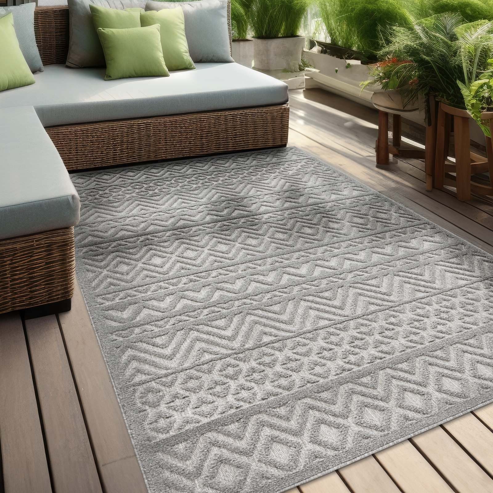 Teppich Indoor und Outdoor Teppich wetterfest Barcelona Orientalisch Scandi, TaraCarpet, rechteckig, Höhe: 10 mm, oriental Boho grau Wohnzimmer Schlafzimmer Esszimmer 120X160