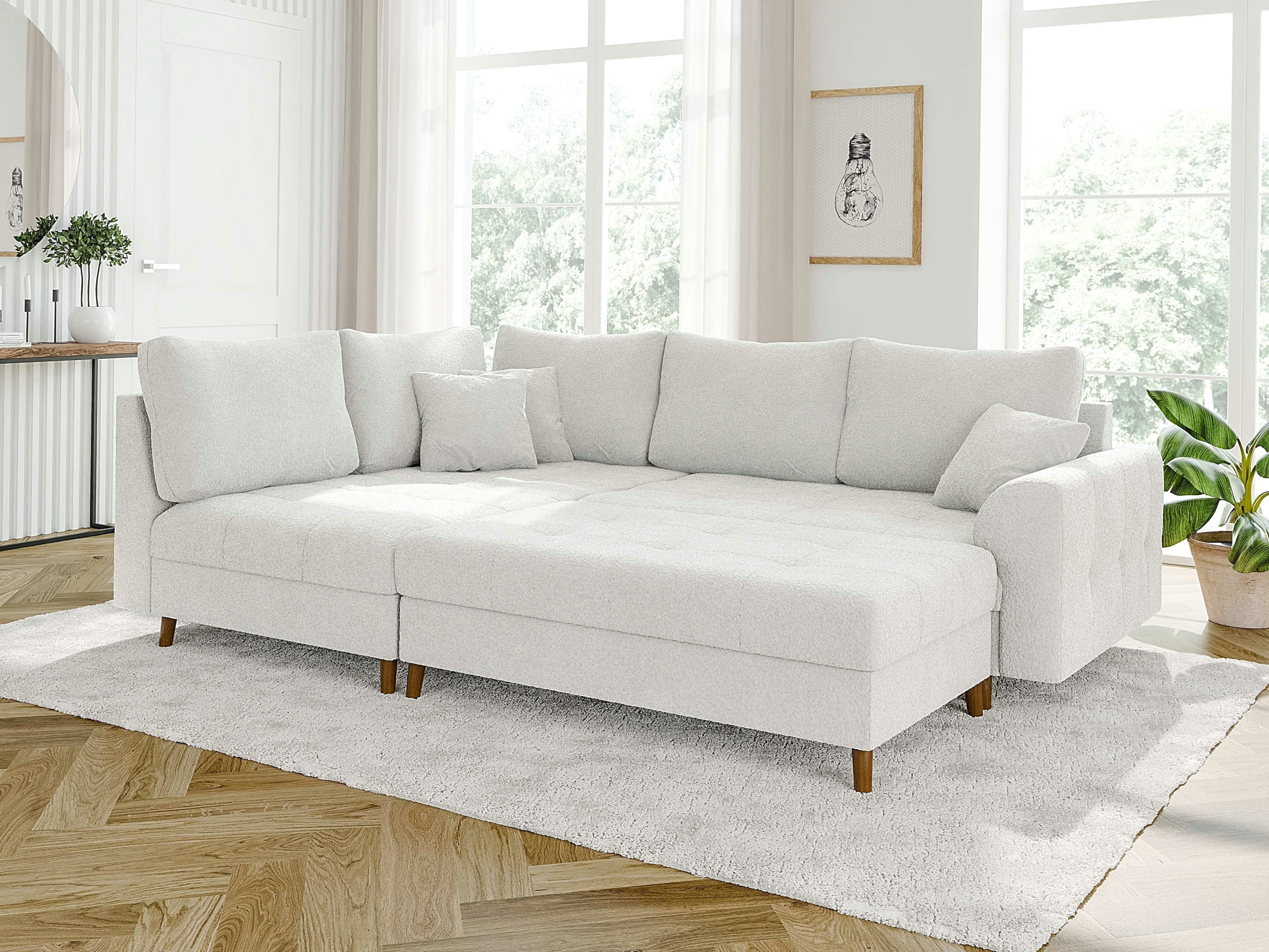 S-Style Möbel Polsterhocker Leif mit Braun Holzfüßen im skandinavischen Stil aus Boucle-Stoff, mit Wellenfederung