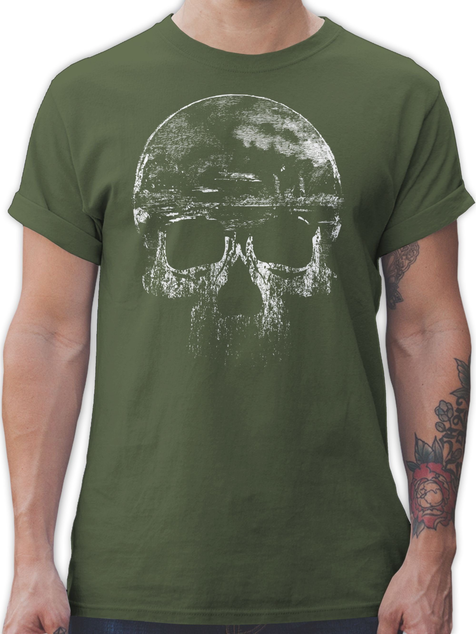 Biker Shirtracer Grün Vintage 3 Totenkopf T-Shirt Army