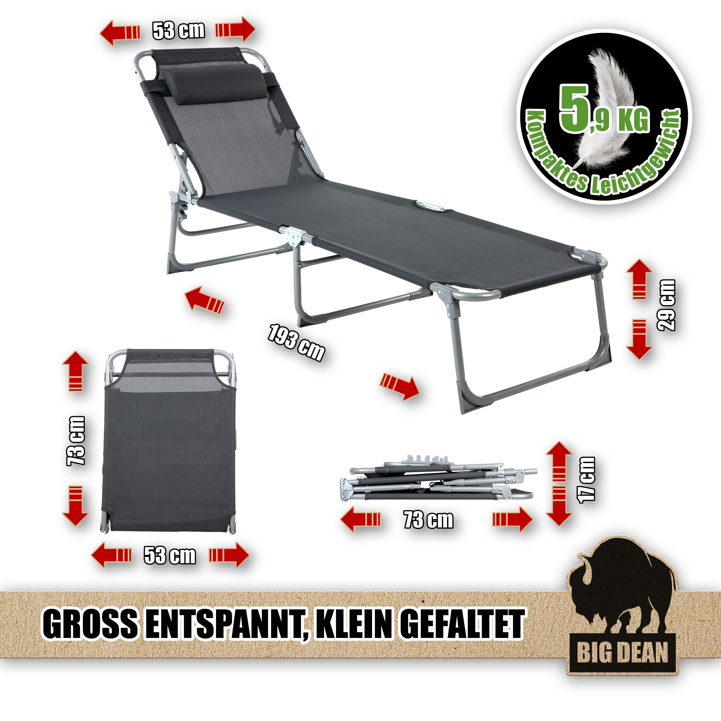 BigDean Gartenliege Sonnenliege klappbar mit Kopfkissen extra hoch dunkelgrau 150 kg, Packung, 1 St., Liege, 3-Bein, Mit Kopfkissen, Garten, Balkon, Strand