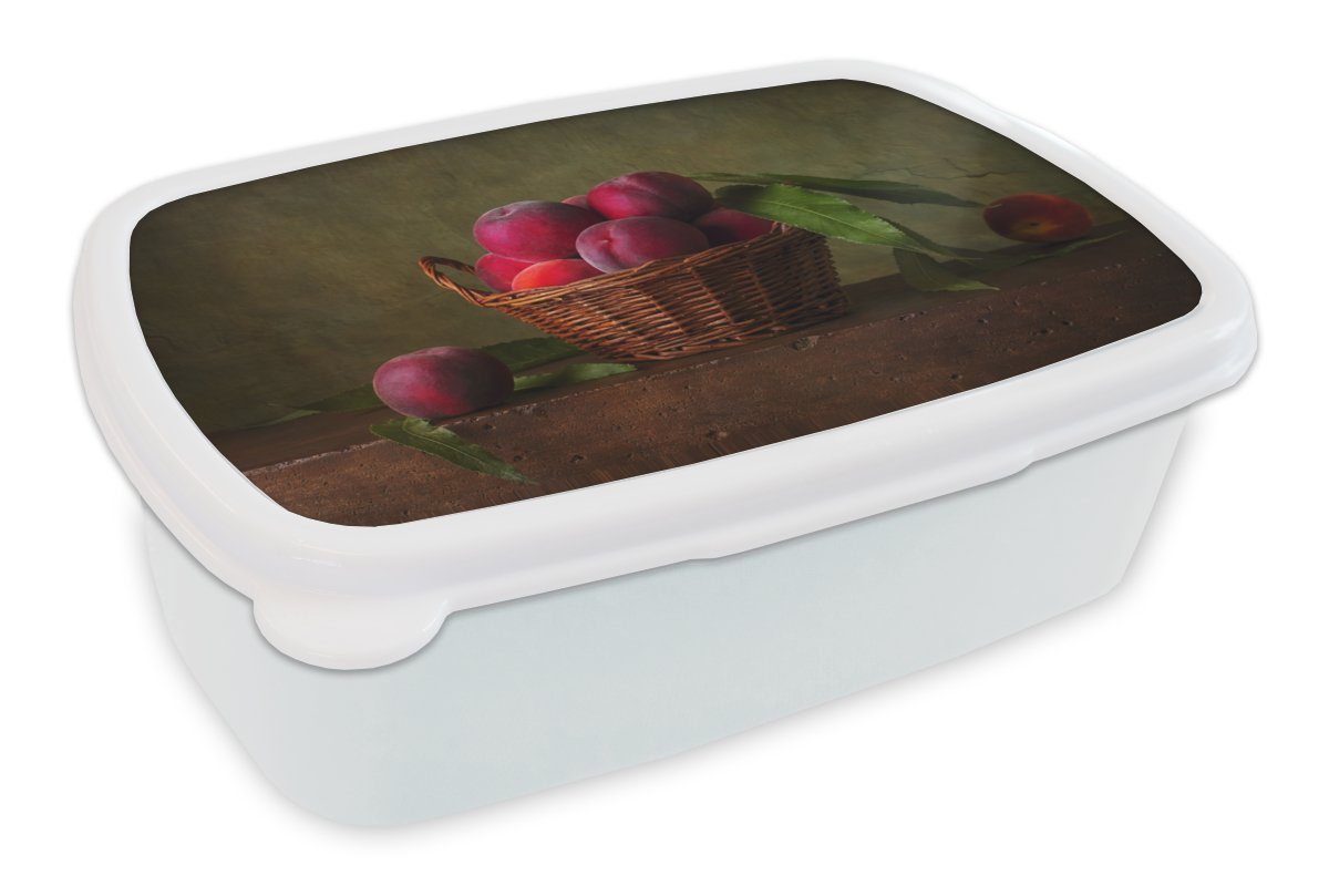 MuchoWow Lunchbox Korb - Pflaume - Rosa - Rustikal - Obst - Stilleben, Kunststoff, (2-tlg), Brotbox für Kinder und Erwachsene, Brotdose, für Jungs und Mädchen weiß