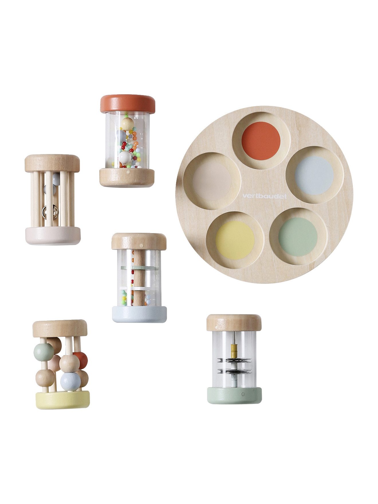vertbaudet Spielzeug-Musikinstrument 5er-Set musikalische Baby Rasseln aus Holz FSC®, 5er-Pack