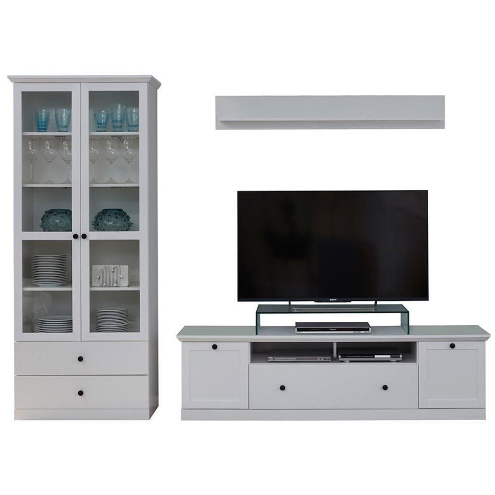 trendteam Wohnzimmer-Set, Fernsehschrank Schrankwand Kommode Regal Wohnwand weiß 117x196x41cm