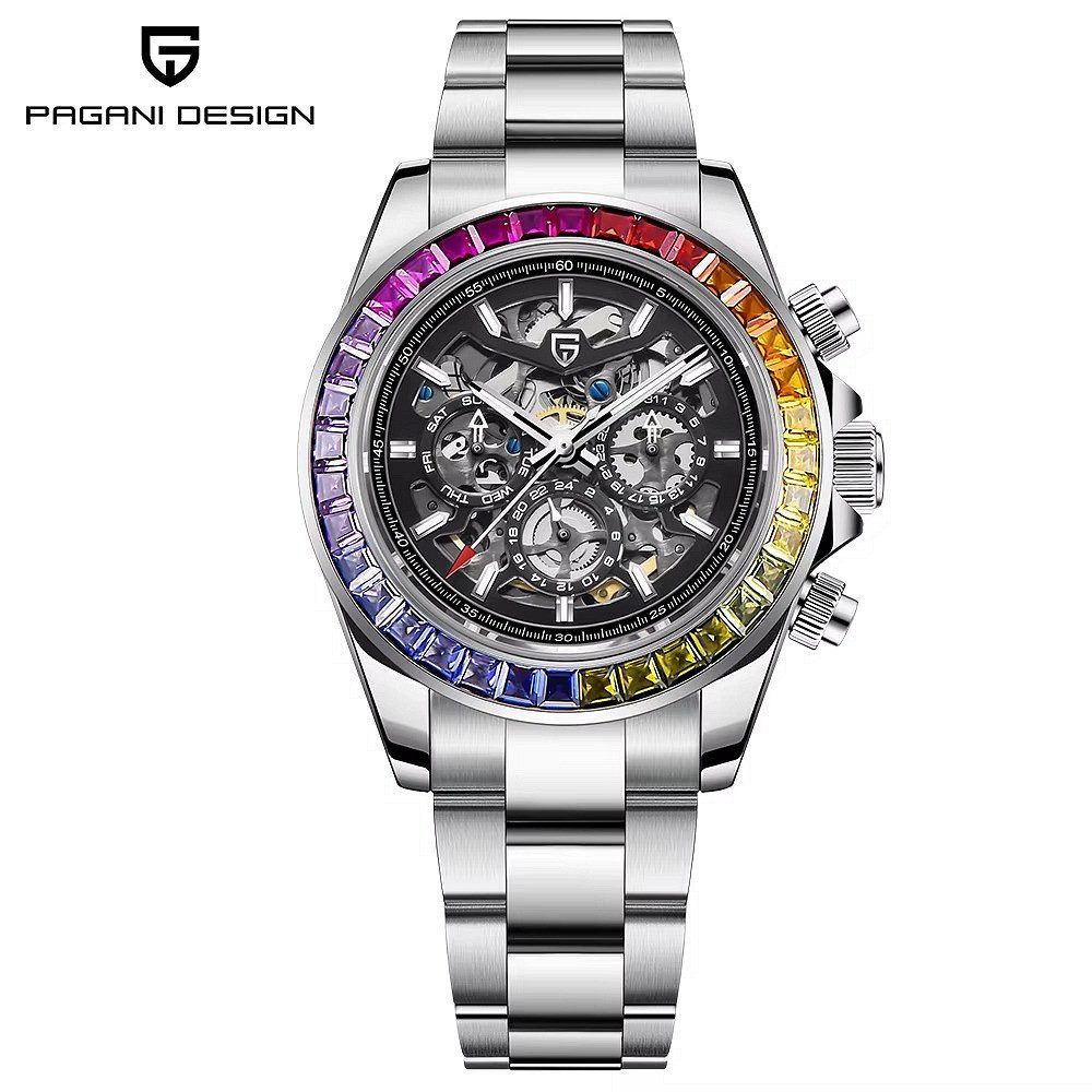 Pagani Design Automatikuhr Skeleton Automatik Chronograph Herrenuhr Saphir Rainbow Daytona 40mm