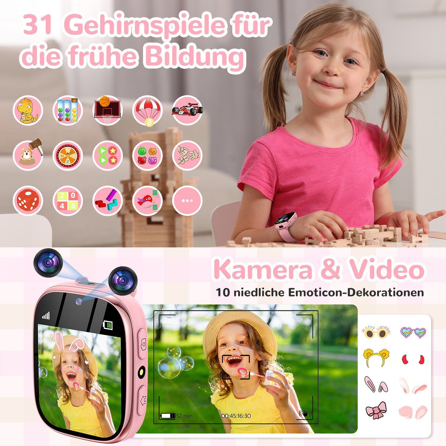 SWGOTA 800mAh 2G Smartwatch Kinder mit Telefonfunktion,Unterstützung für SOS Smartwatch (1,83 Zoll) mit 31 Spiele, Schulmodus,Foto,Video,Wecker, IP68 Fitness Tracker Kompatibel mit Android und iOS