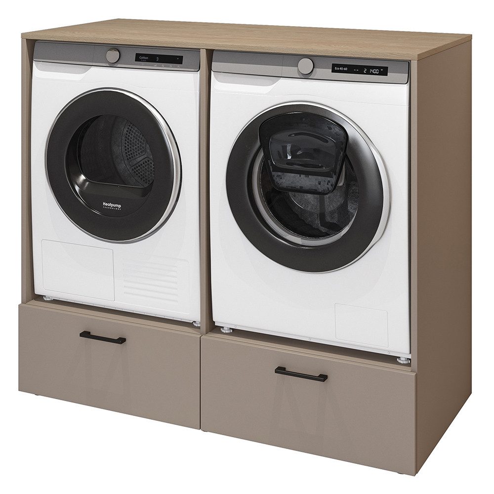 Lomadox Umbauschrank RISAN-83 beige greige Eiche Dekor 132 cm breit modern Metallgriffe Schubladen – Bild 3 von 5