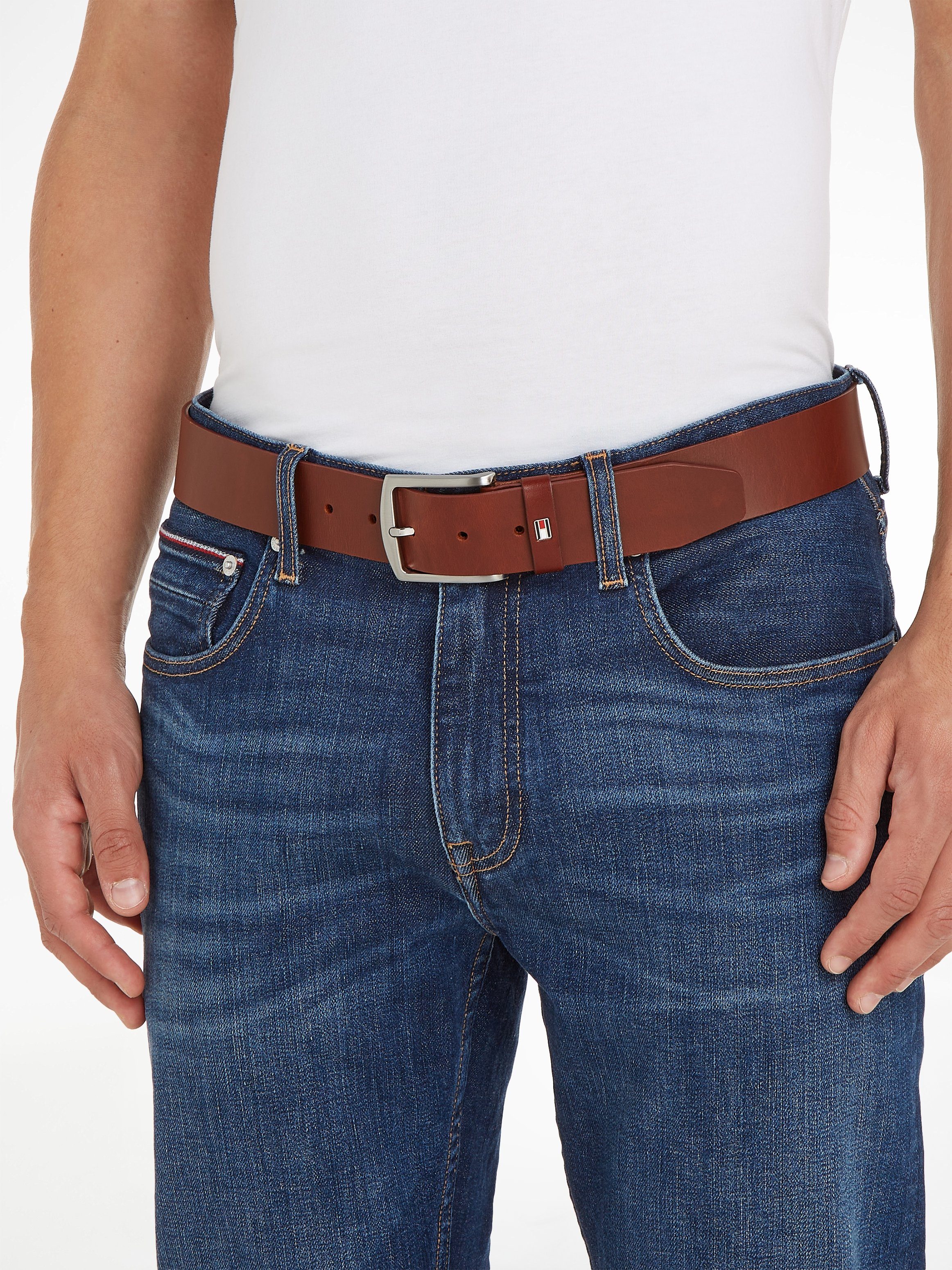 DENTON Flag-Logoschlaufe NEW mit cognac Ledergürtel Hilfiger Tommy BELT