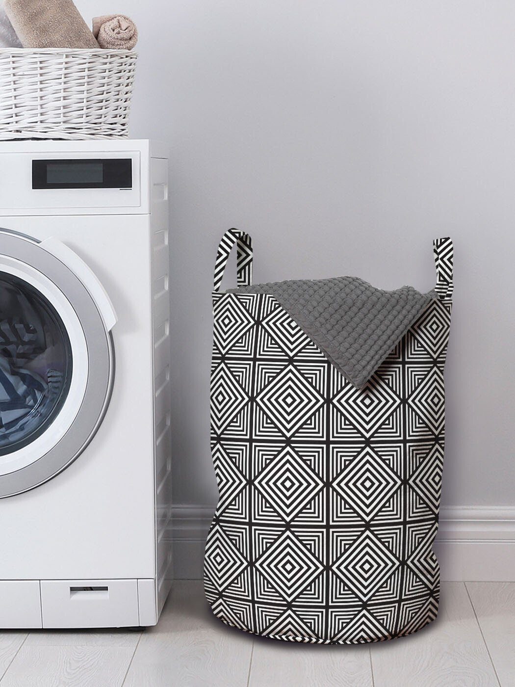 Waschsalons, Geometrisch Verschachtelte mit Griffen Kordelzugverschluss Wäschesäckchen Quadrate Wäschekorb Abakuhaus für gestreifte