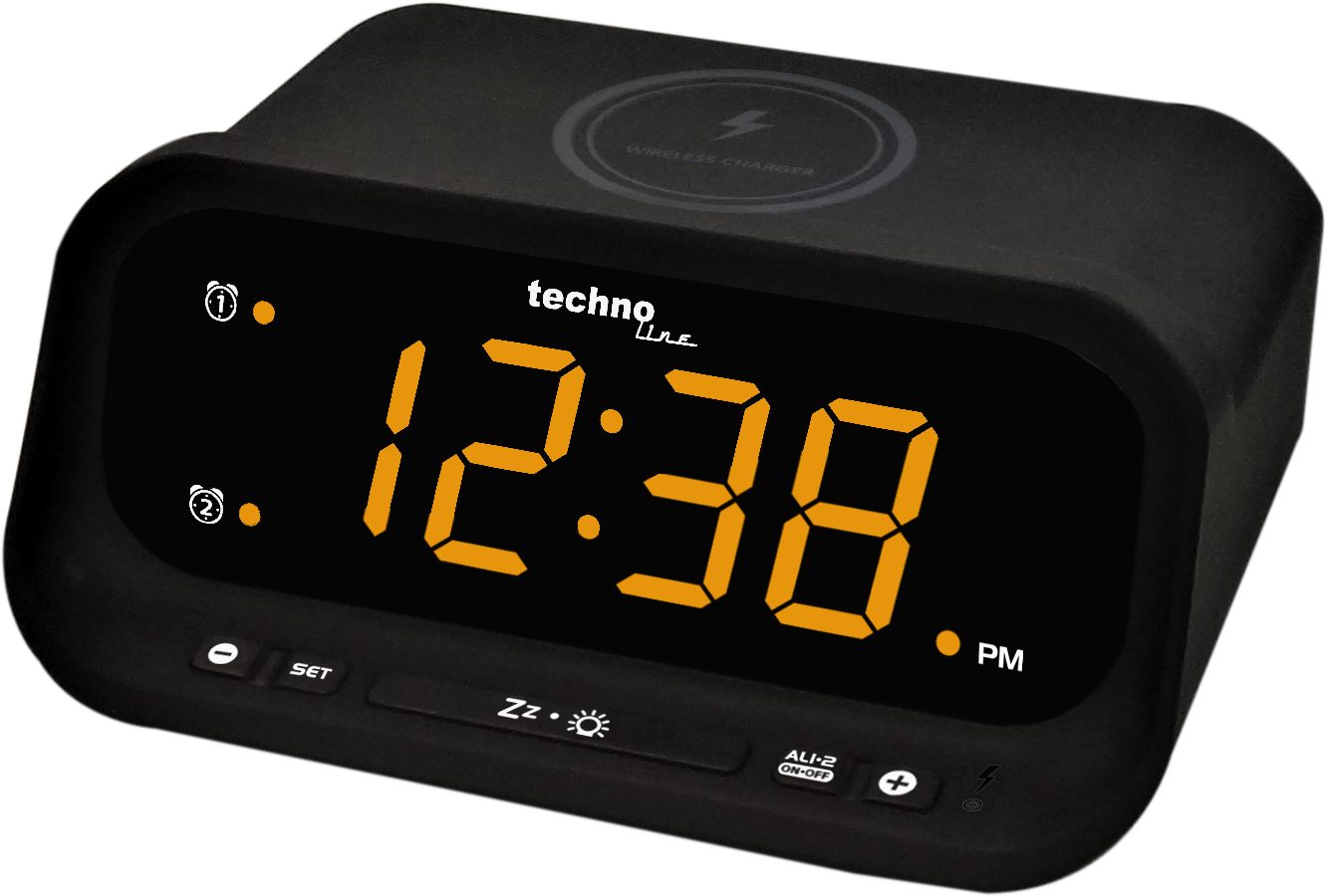 technoline Wecker WT 477 Qi-Ladefunktion, dualem Alarm und USB-Anschluss, Dimmbares LED Display