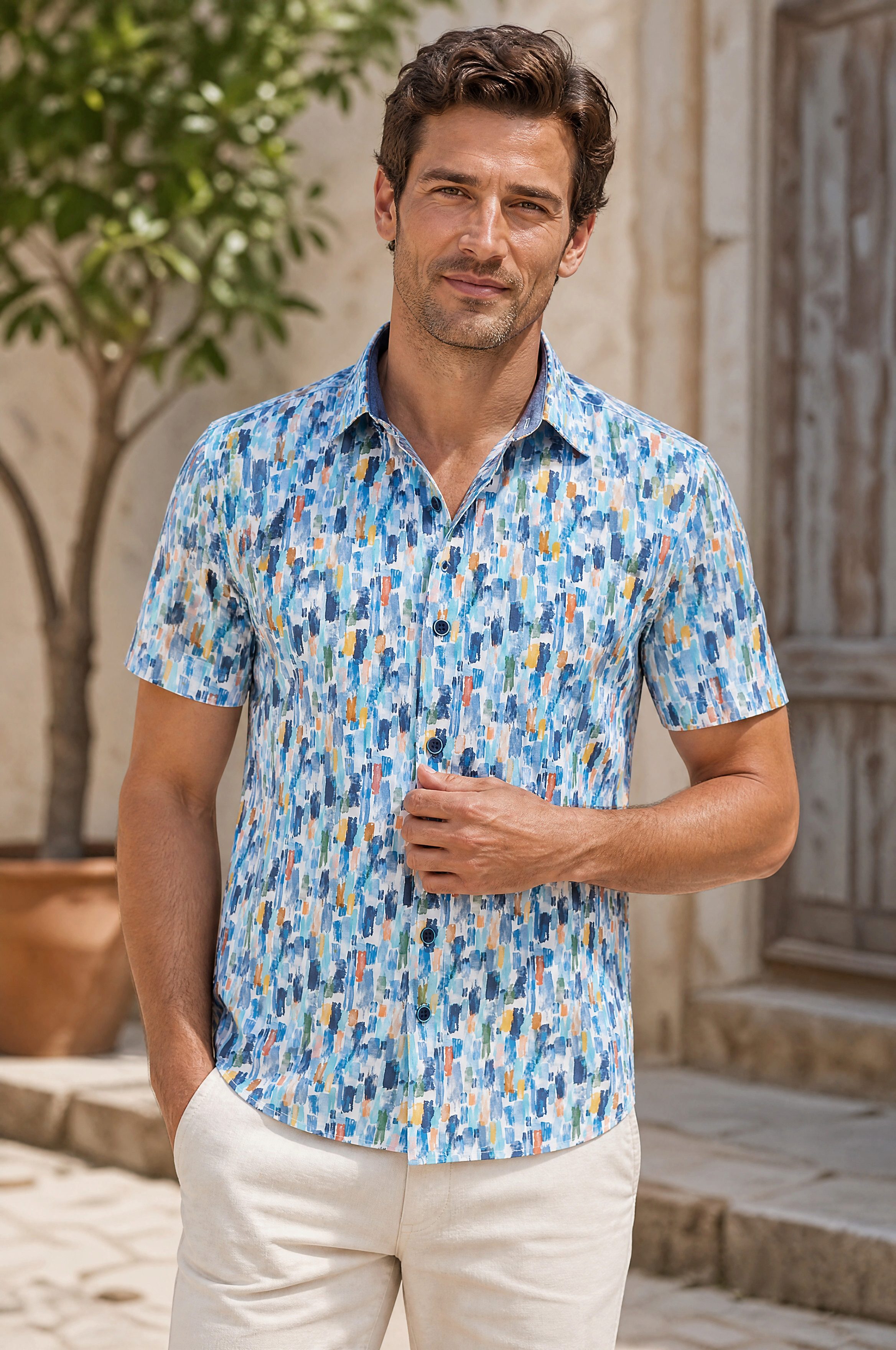 Haupt Kurzarmhemd Modern Fit Kurzarm Popeline-Herrenhemd mit Allover-Farbstreifen Blau