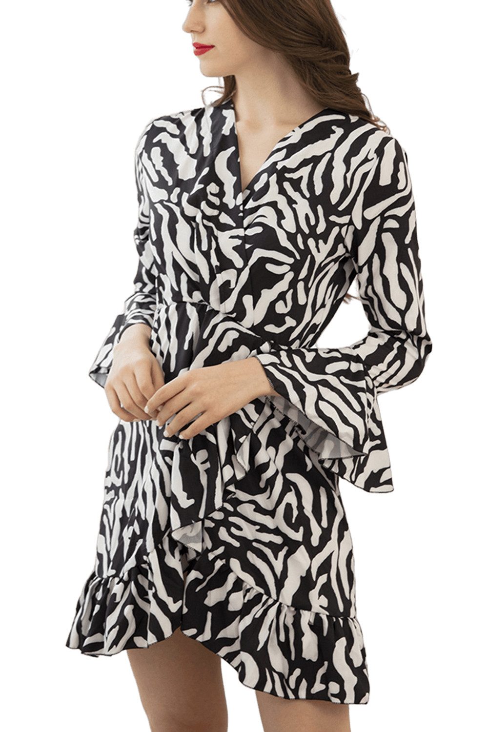 Orient Phoenix Petticoat-Kleid Damen Lässiges Druckkleid Ausgestellte Ärmel Minikleid Sommerkleid Frühling Schwarz Weiß Colorblocking Kurze Petticoat-Kleid Partykleid