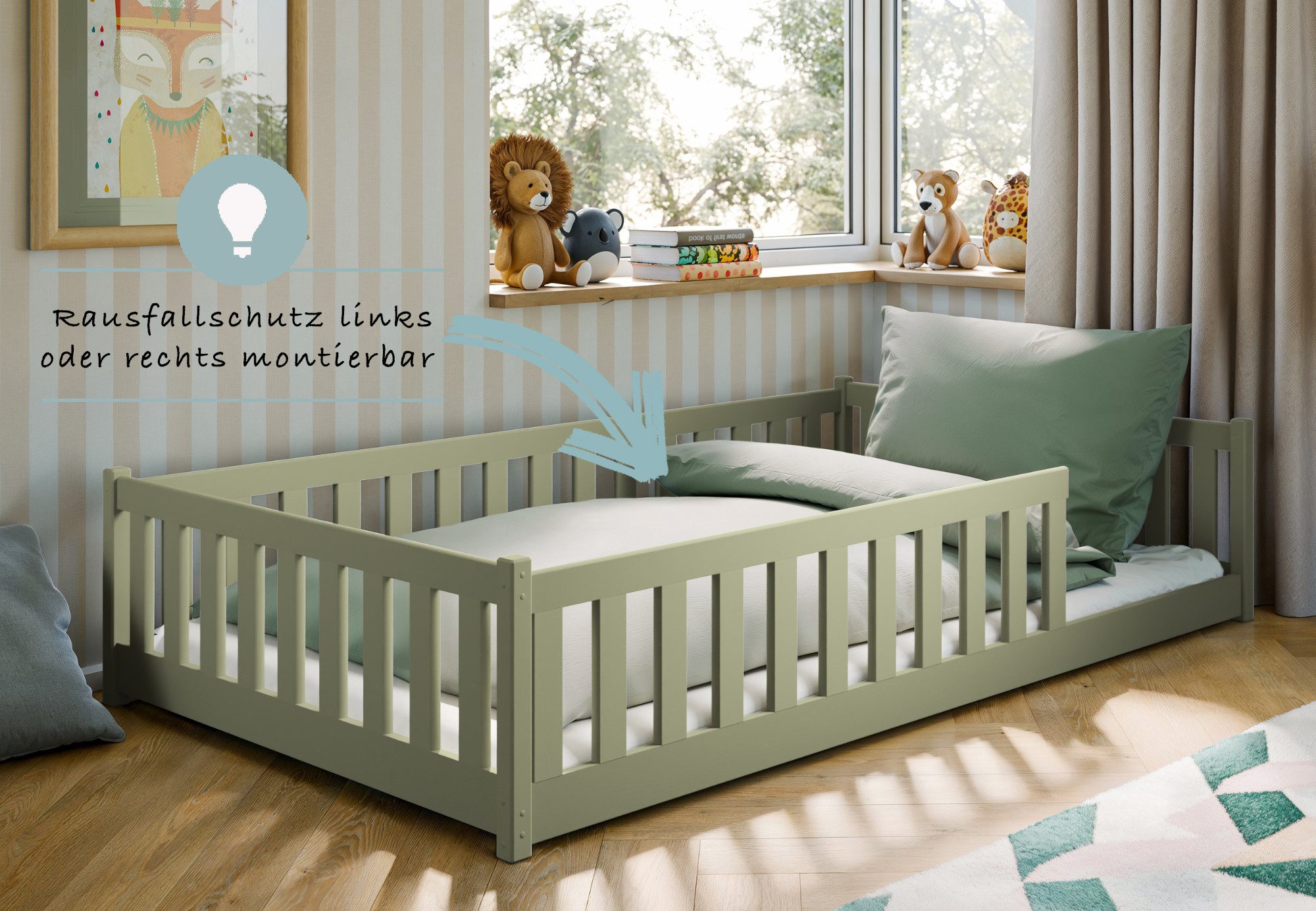 Kids Collective Kinderbett Bodenbett Bett mit Rausfallschutz & Lattenrost Montessori Bett Kinder (Jungen, Mädchen, Kinder, weitere Größen 80x160, 80x180, 90x190 – Bild 4 von 5