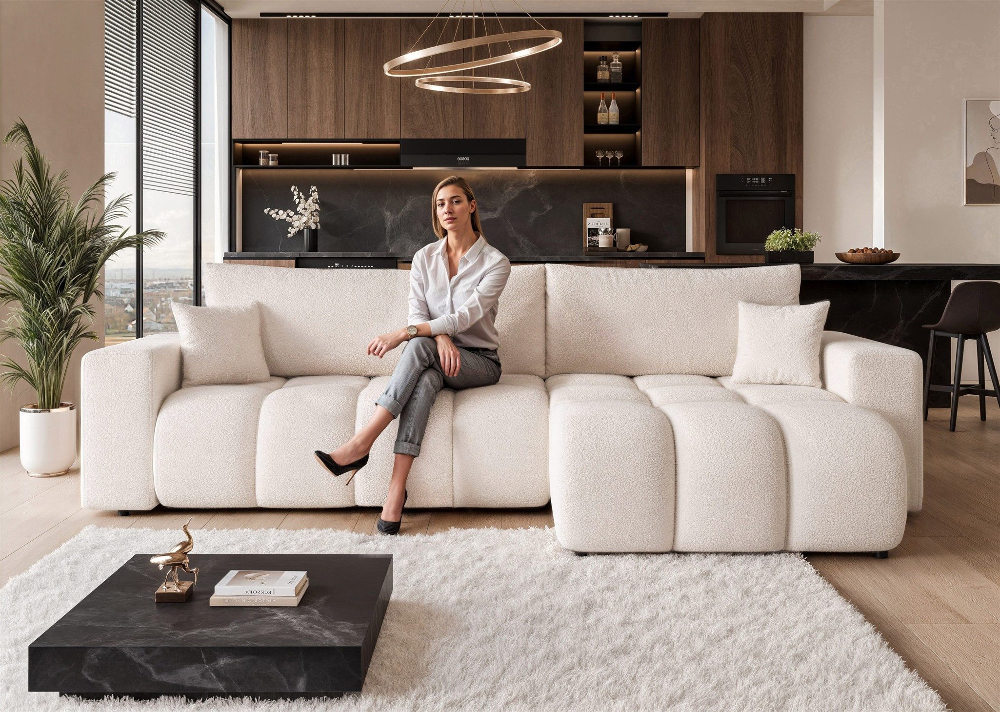 Fun Möbel Ecksofa Schlafsofa ANABEL MAX mit Ottomane Stoff, mit Ottomane Links oder Rechts, Sofa Rücken echt bezogen