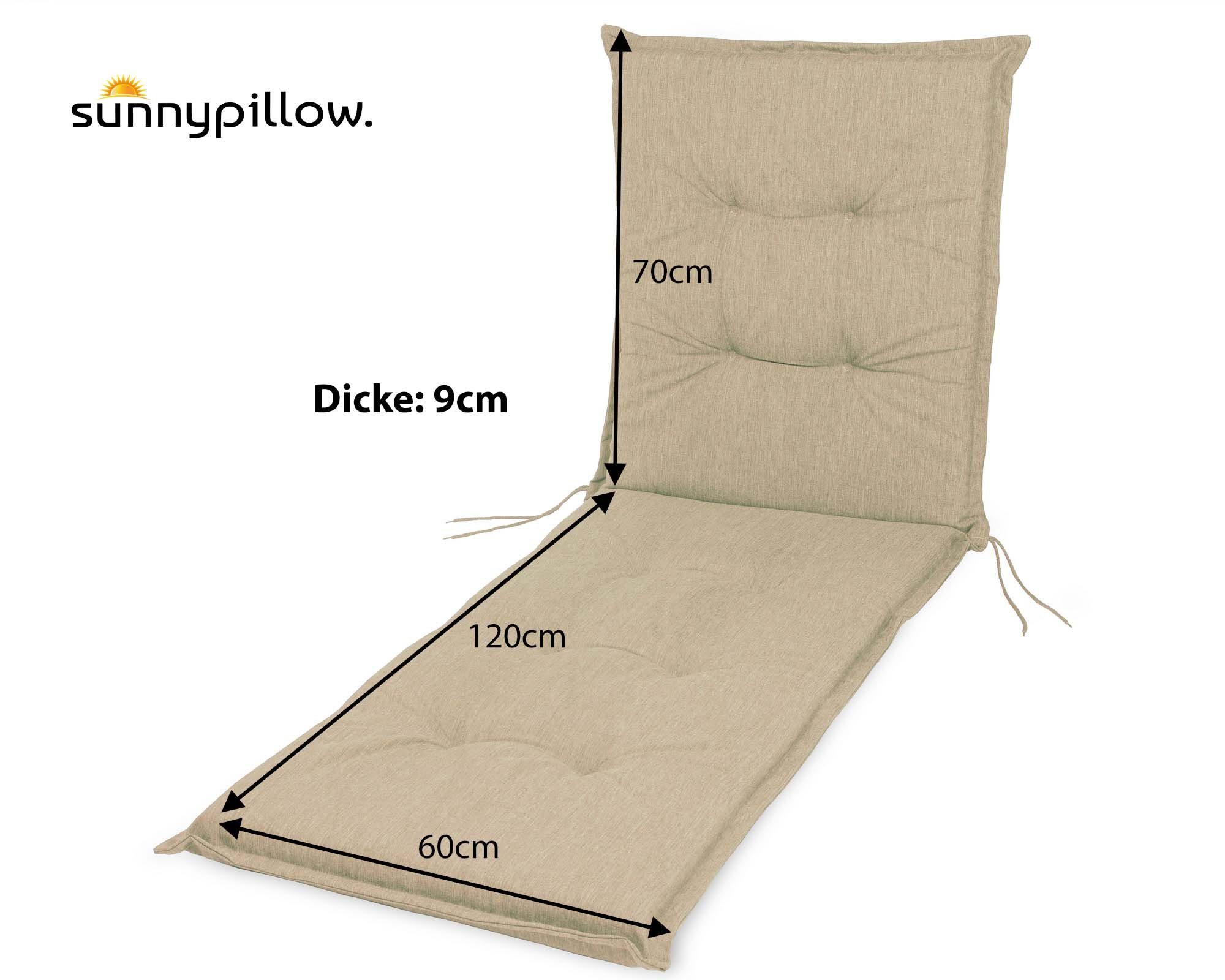 sunnypillow Liegenauflage Polsterauflagen für Gartenliege 190 x 60 x 9cm, 1 Stück Cremefarben UV-Lichtecht