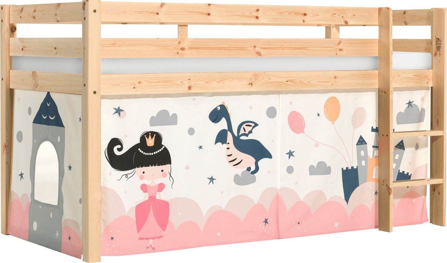 Vipack Spielbett Pino, Kiefer massiv, mit Rolllattenrost u. Textil-Set, Made in Europe (B/H/T ca. 210x114x106cm, mit Leiter und Absturzschutz), verschiedene Textil Dessins, 3 Gestellfarben zur Wahl