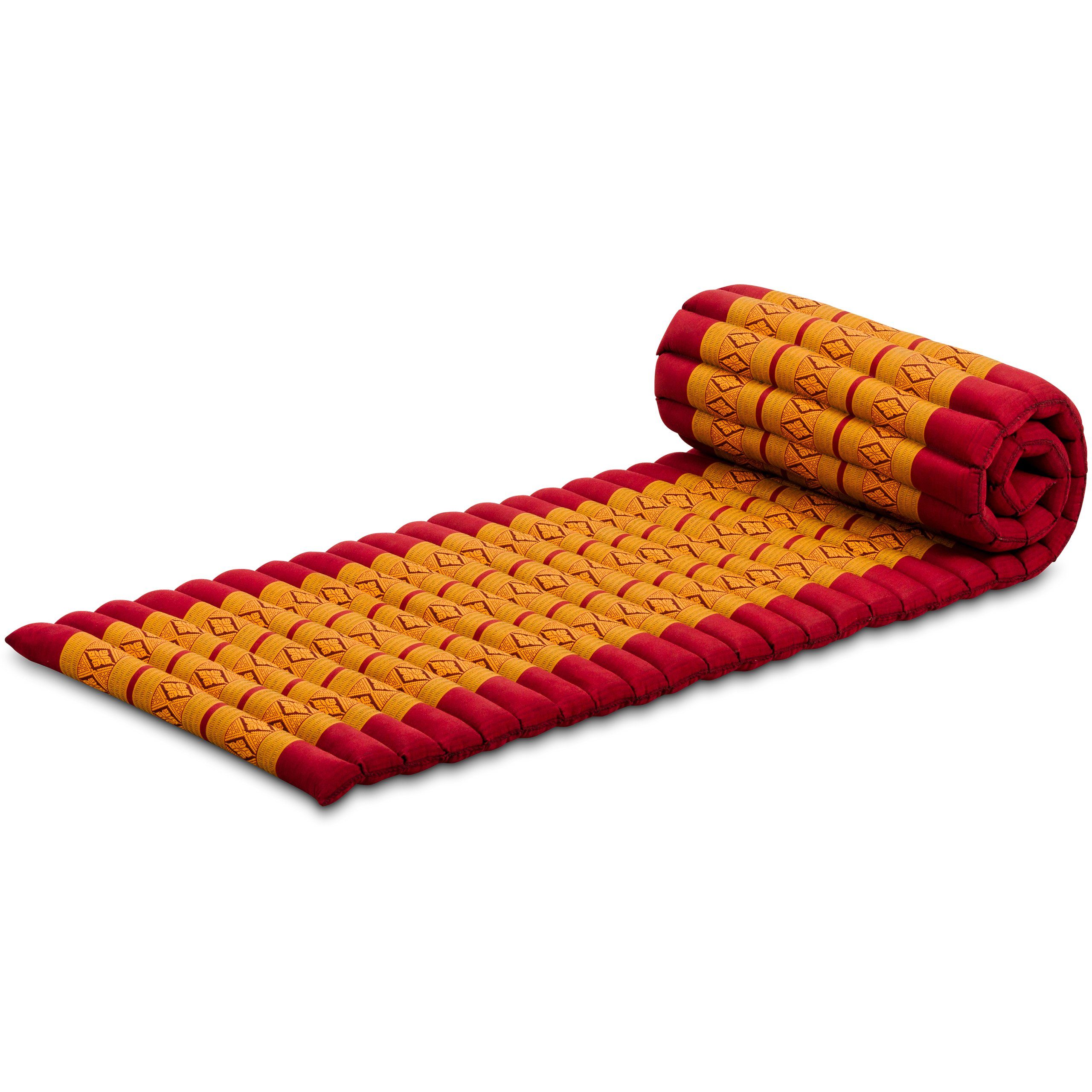 Reisebett-Matratzen Rollmatte 50 cm breit, vegan und handgefertigt, 210x50x4,5cm, livasia, 4,50 cm hoch, Kapok Rot/Gelb