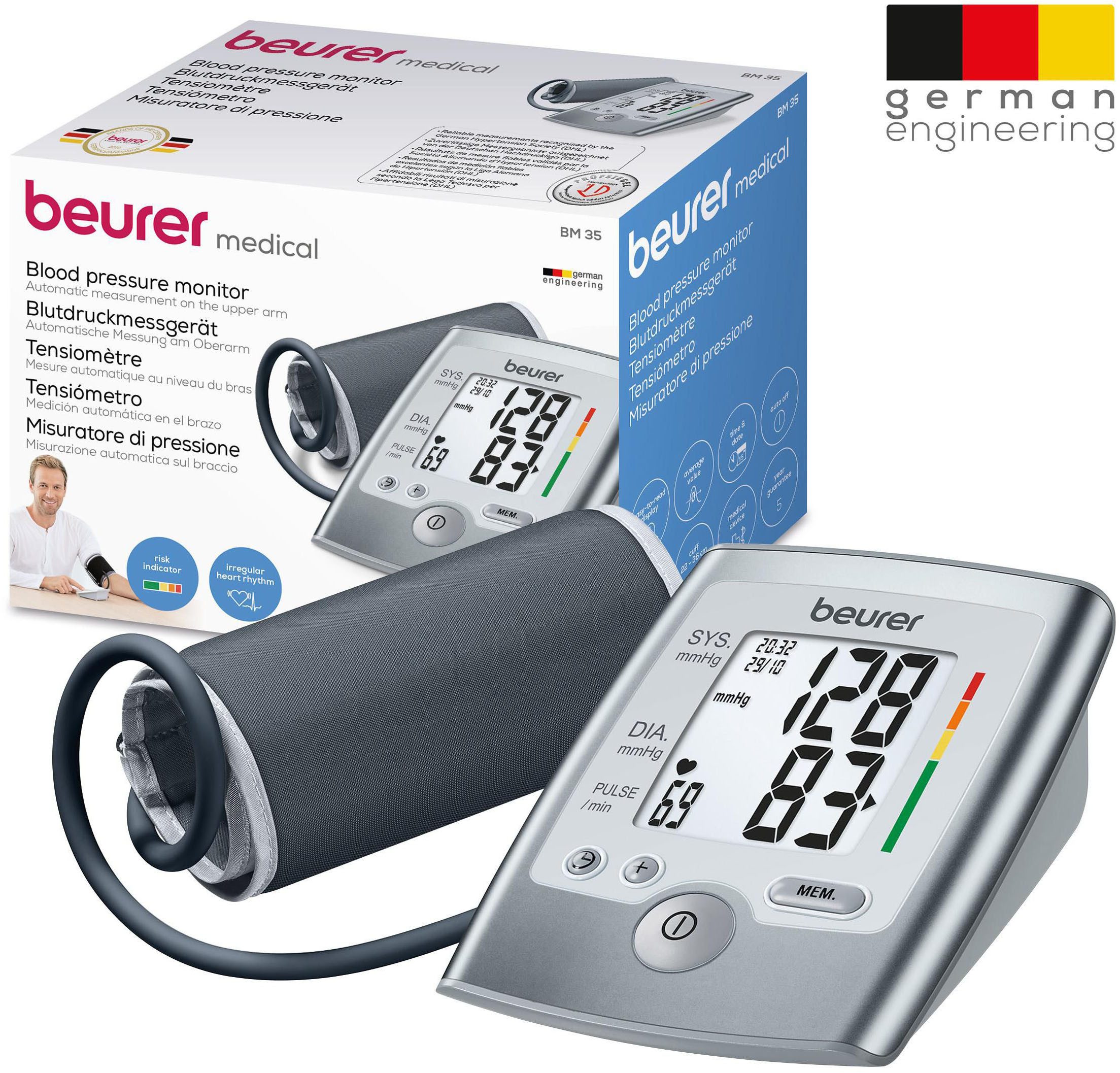 BEURER Oberarm-Blutdruckmessgerät BM 35 mit farbigem Risikoindikator, Durchschnittswertberechnung, Mit Arrhythmie-Erkennung, inkl. Aufbewahrungstasche und Blutdruckpass