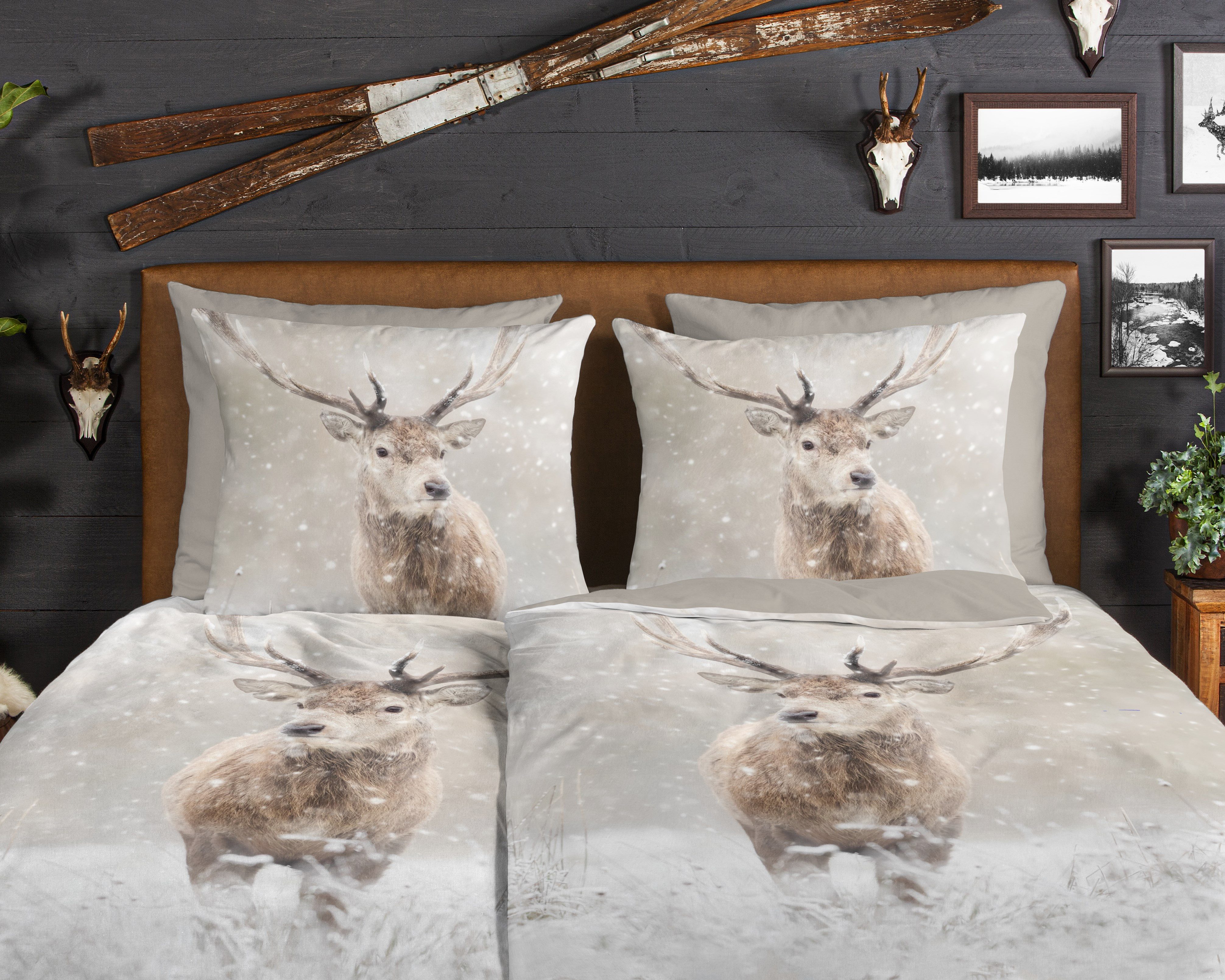 good morning Wendebettwäsche Snowydeer, Biber, Flanell, 2 teilig, Flanell, Biber, Baumwolle, Winter, Warm, Wendeoptik, Reh, Hirsch, Sand – Bild 3 von 4