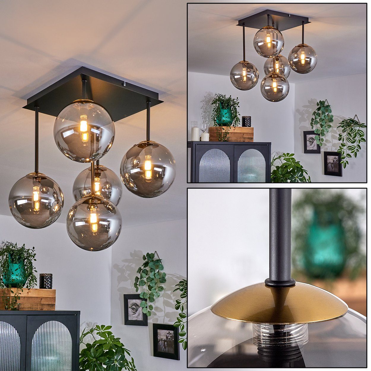 hofstein Deckenleuchte Deckenlampe aus Metall/Glas in Schwarz/Goldfarben/Rauchfarben, ohne Leuchtmittel, Leuchte im Retro-Design aus Glas, 5 x G9 LED, ohne Leuchtmittel