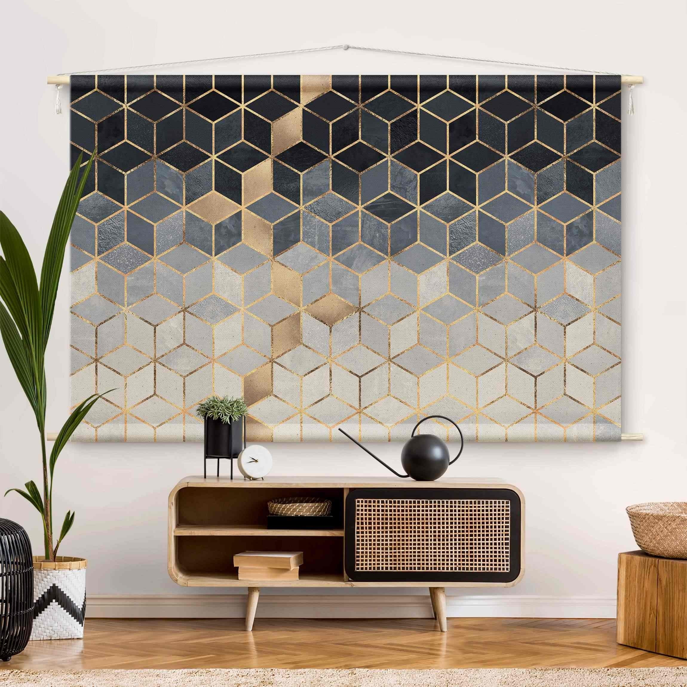 Bilderdepot24 Wandteppich modern Muster Abstrakt Aquarell Geometrisch gold, rechteckig, Höhe: 2.6 mm, großes Wandbild aus Natur-Baumwolle Wandbehang Stoffbild Tuch Wollseil