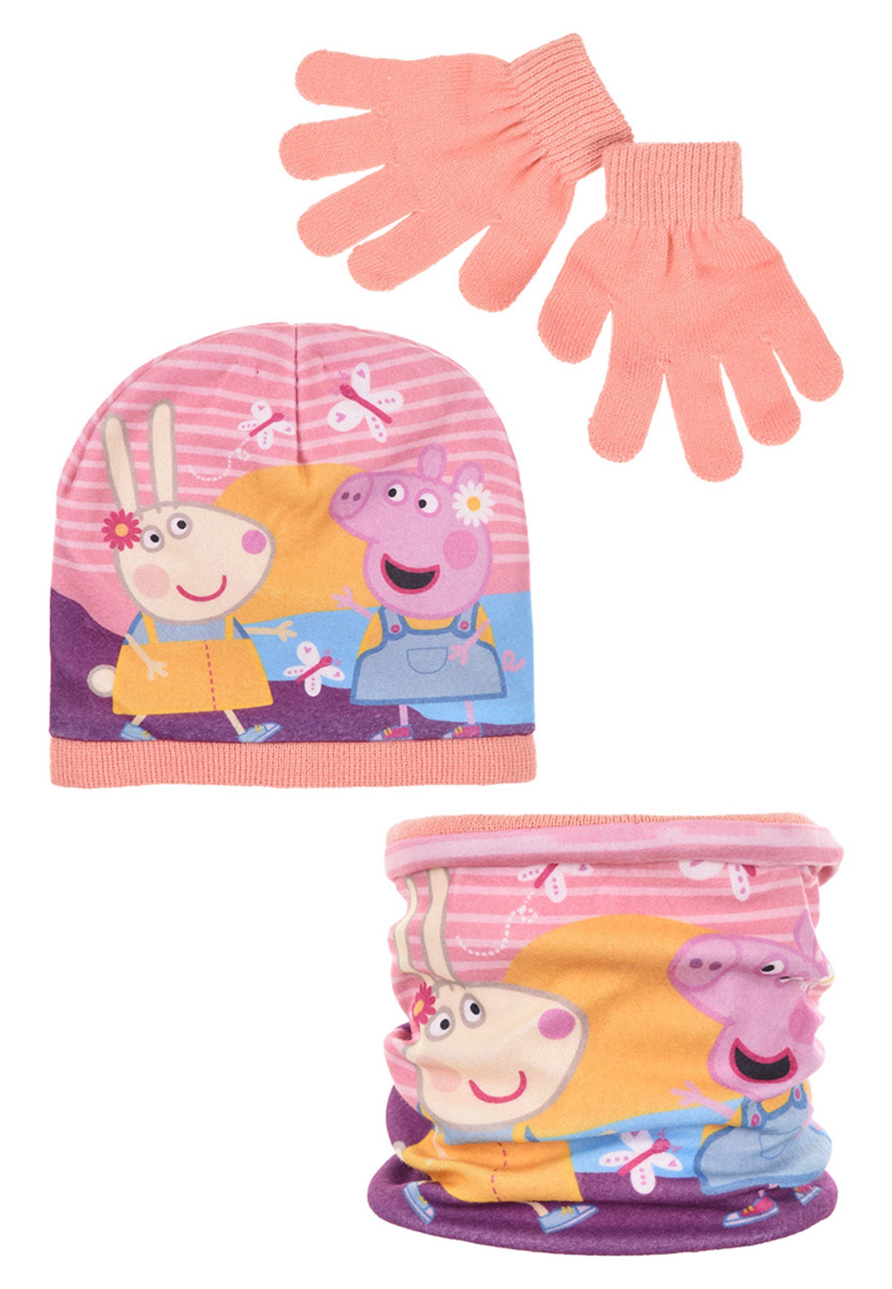 & 3-tlg) Mütze Pig Winter-Set Peppa Mütze, tlg. Handschuhe & Schal Kinder 3 Schal (SET,
