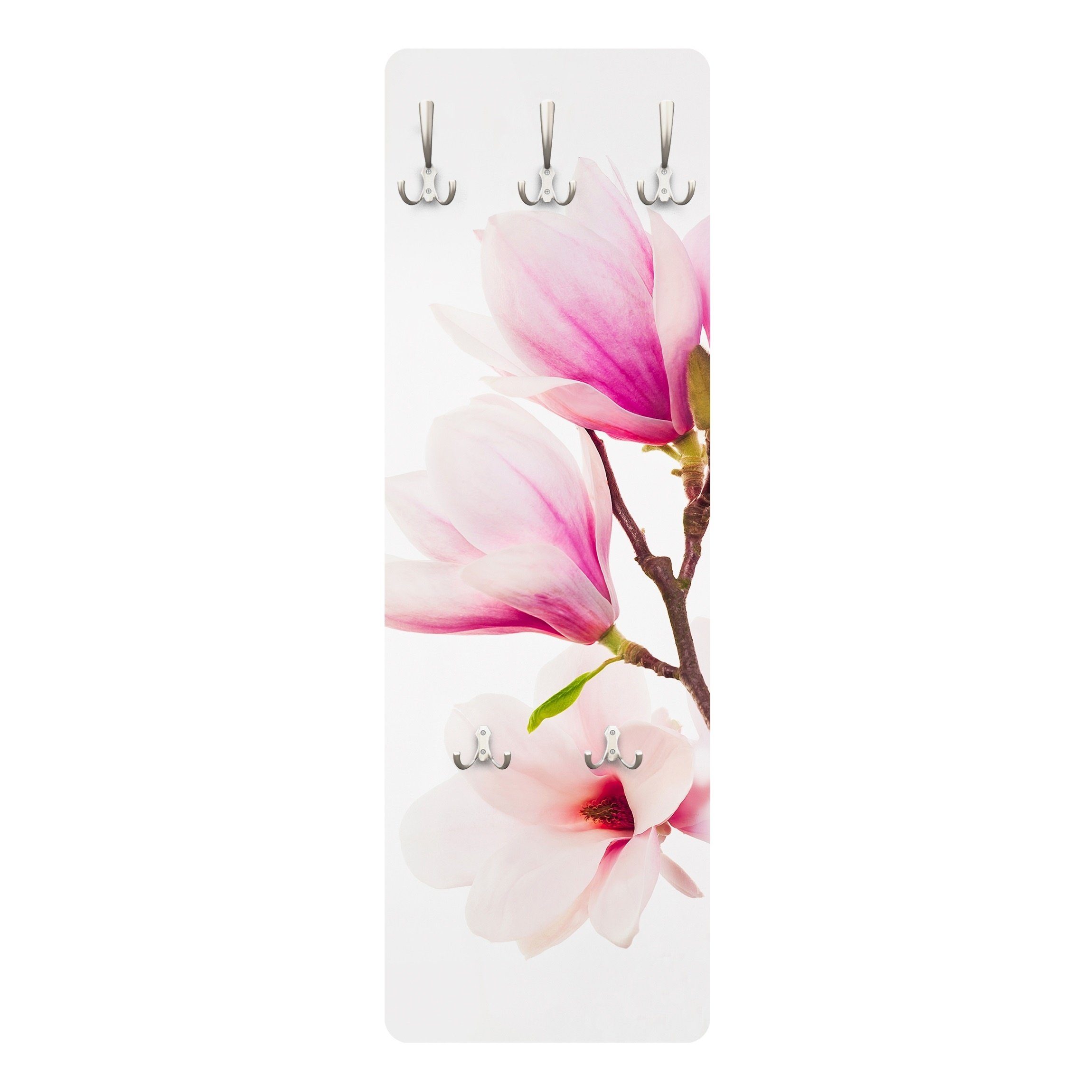 Bilderdepot24 Garderobenpaneel rosa Blumen Floral Zarter Magnolienzweig Design (ausgefallenes Flur Wandpaneel mit Garderobenhaken Kleiderhaken hängend), moderne Wandgarderobe - Flurgarderobe im schmalen Hakenpaneel Design