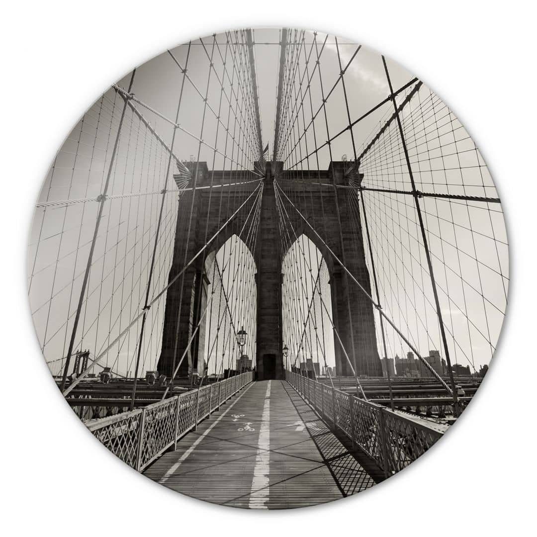 K&L Wall Art Gemälde Glas Wandbild Rund Glasbild Vintage Brooklyn Brücke New York, Wandschutz Deko Bilder