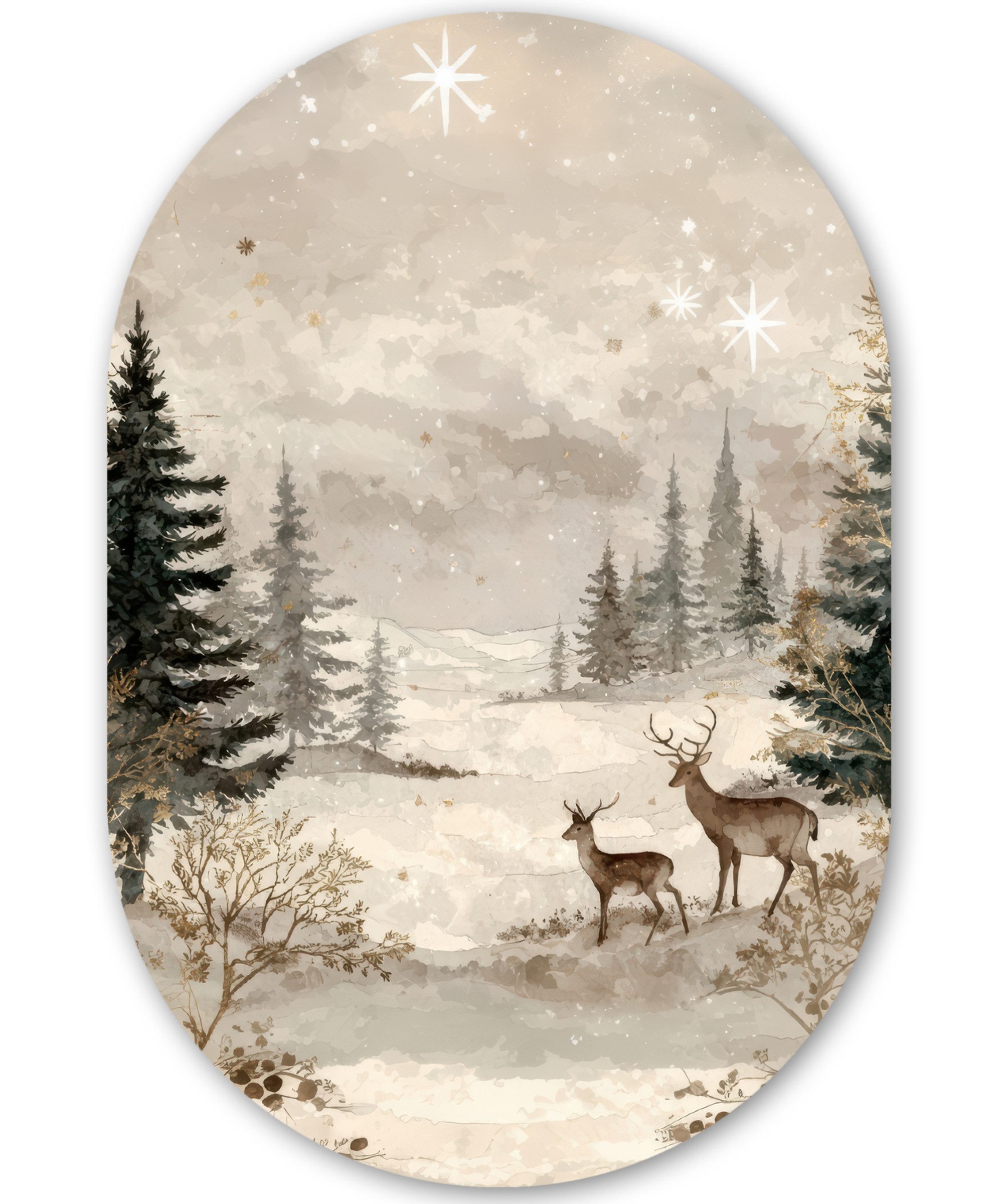 MuchoWow Картина Wald - Hirsche - Winter - Schnee, Fotodruck (1 St), Wandbild Oval, Wohnzimmer oder Schlafzimmer Wanddekoration, 40x60 cm