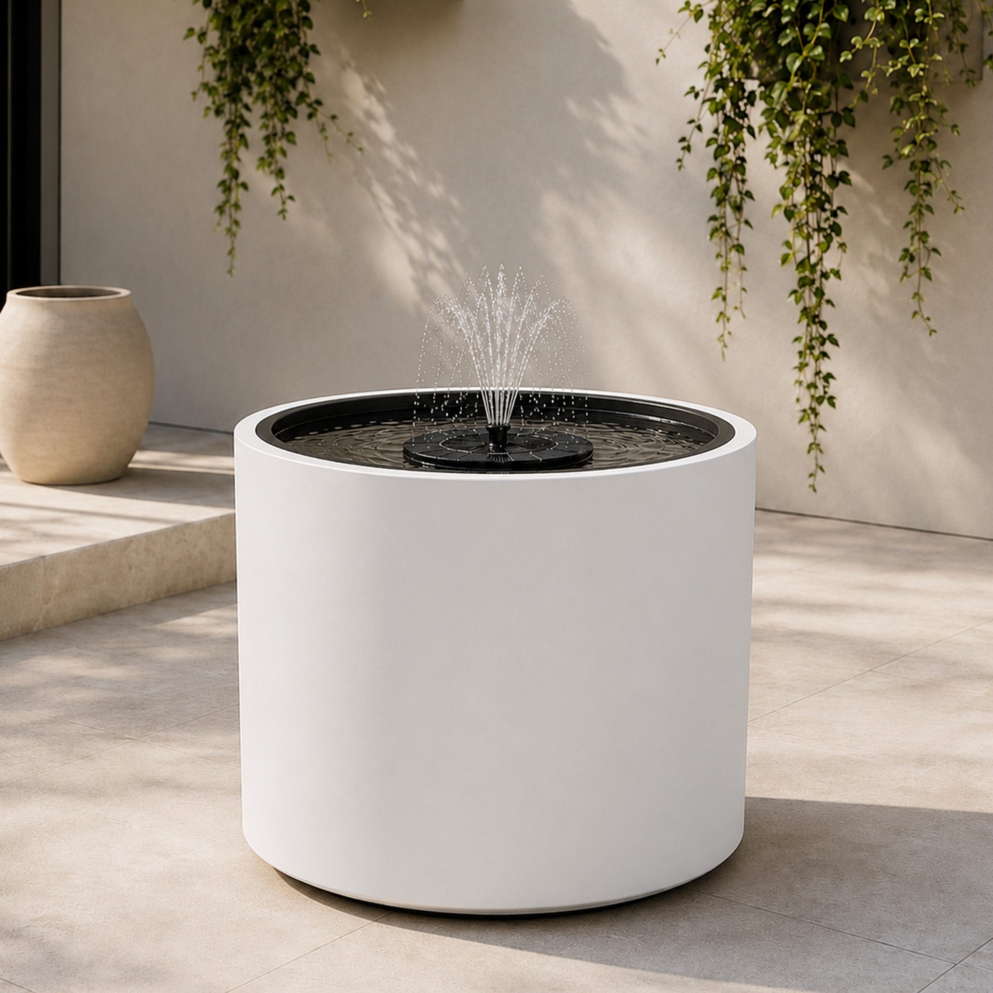 matches21 HOME & HOBBY Wasserspiel Solarbrunnen Outdoor Set mit großer Ø 47x45 cm Schale weiß, (2 tlg), Solar-Fontäne Garten Balkon Zierbrunnen Wasserspiel