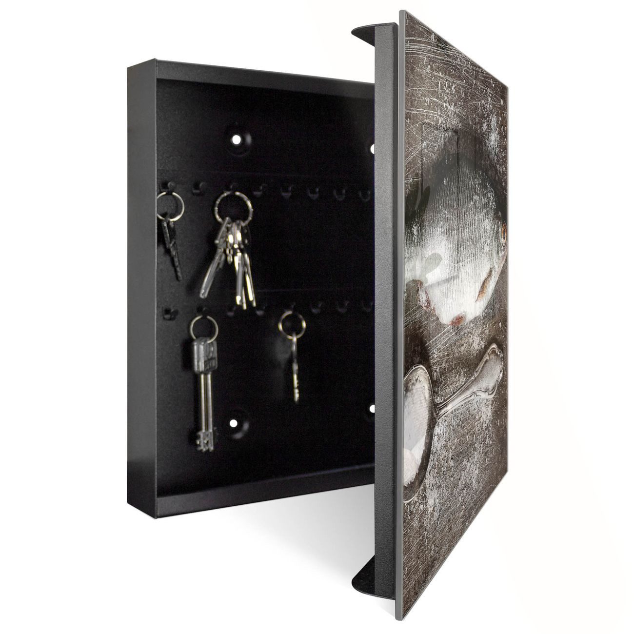 Banjado Schlüsselkasten Mit Spiegelfront – 50 Haken, Schwarzer Metallkorpus, Wandmontage, Motiv 'Oktopus', 30x30 Cm