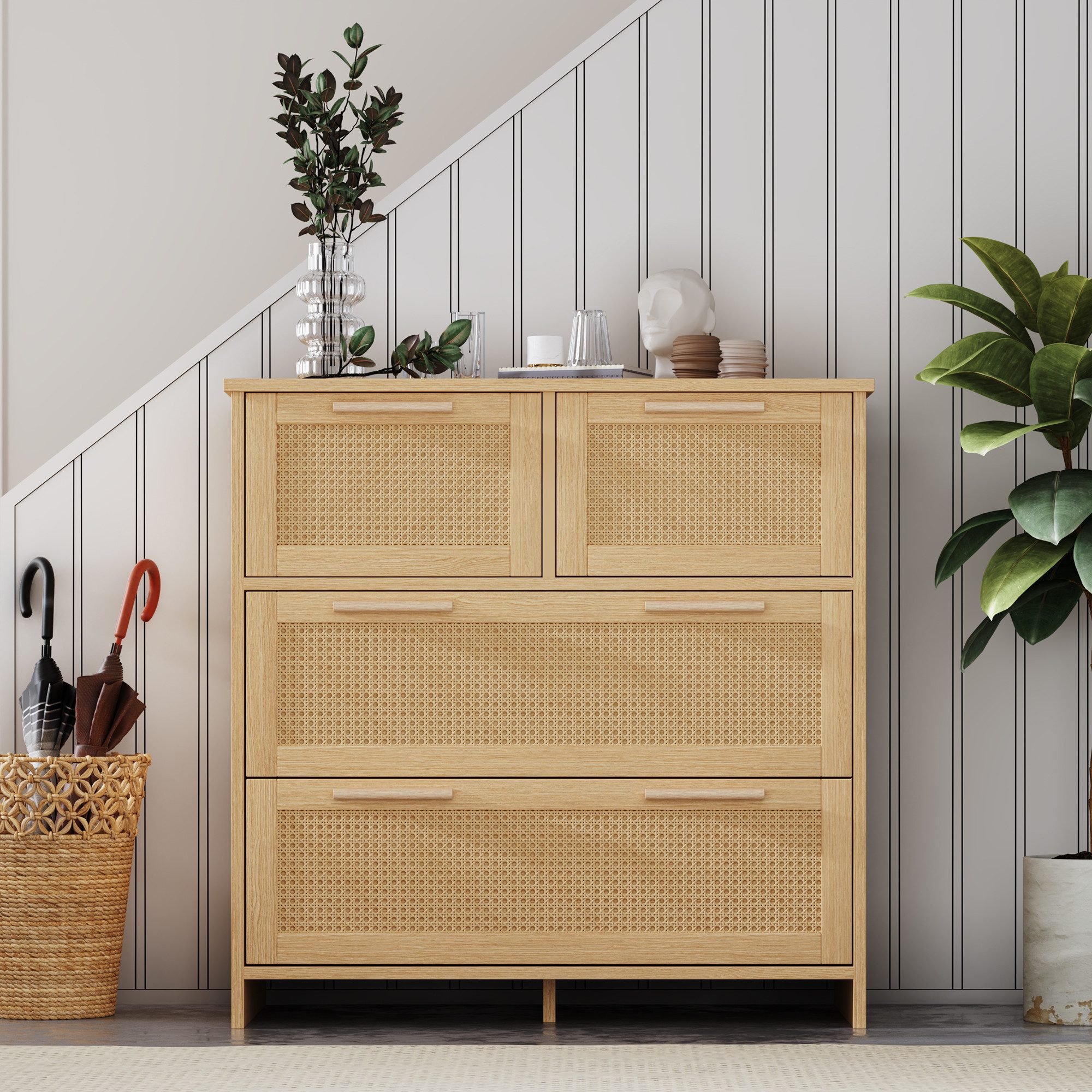 Celya Sideboard Sideboard 4-Schubladen-Rattanschrank mit Massivholzgriffen günstig online kaufen