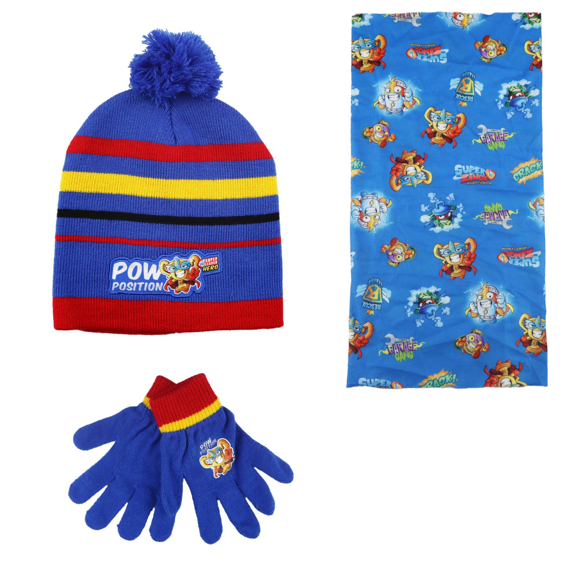 Superzings Bommelmütze Super Zings Kinder Jungen Wintermütze Handschuhe Schaal Gr. 52 bis 54