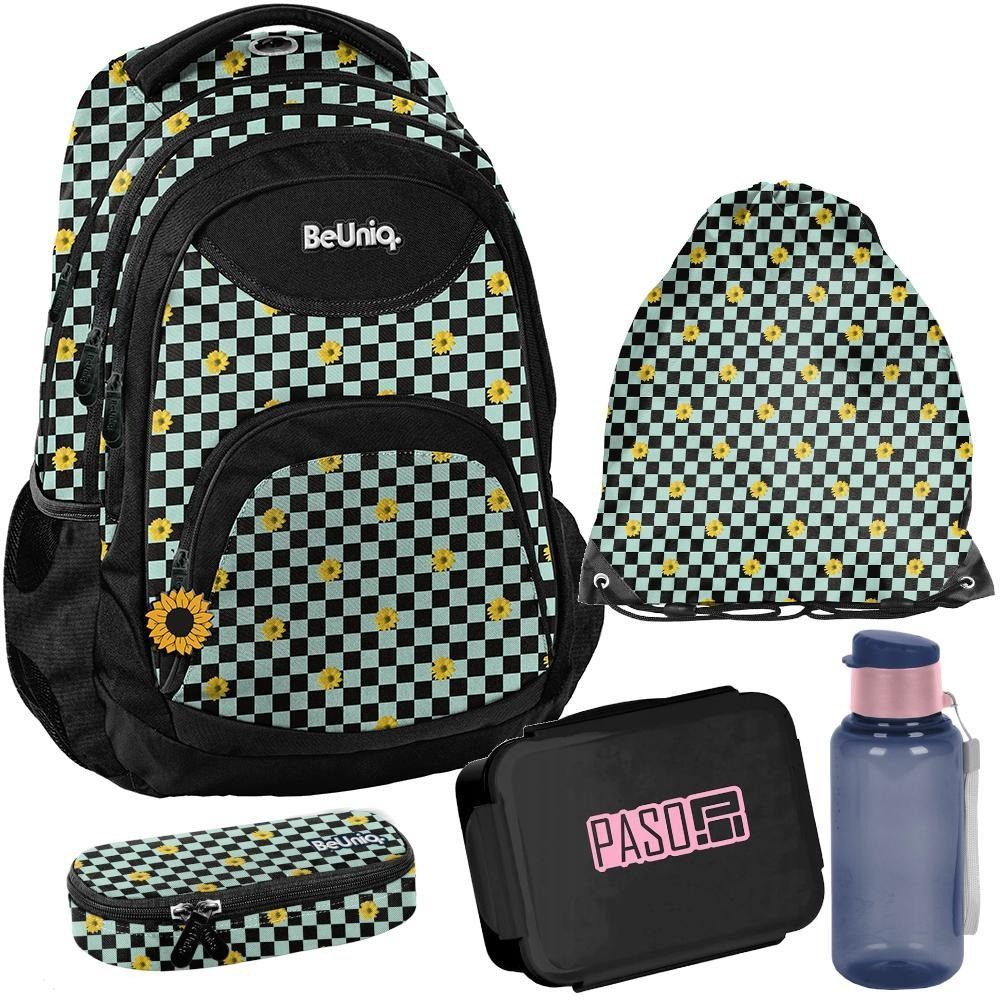 PASO Schulrucksack (Schulset, 5-tlg), Blumen Mega Set 5-teilig – Weiß