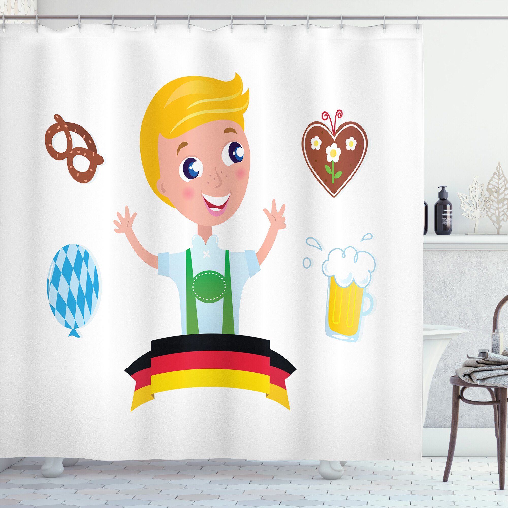 Abakuhaus Duschvorhang Moderner Digitaldruck mit 12 Haken auf Stoff Wasser  Resistent Breite 175 cm, Höhe 180 cm, Deutsche Bavarian Boy Oktoberfest