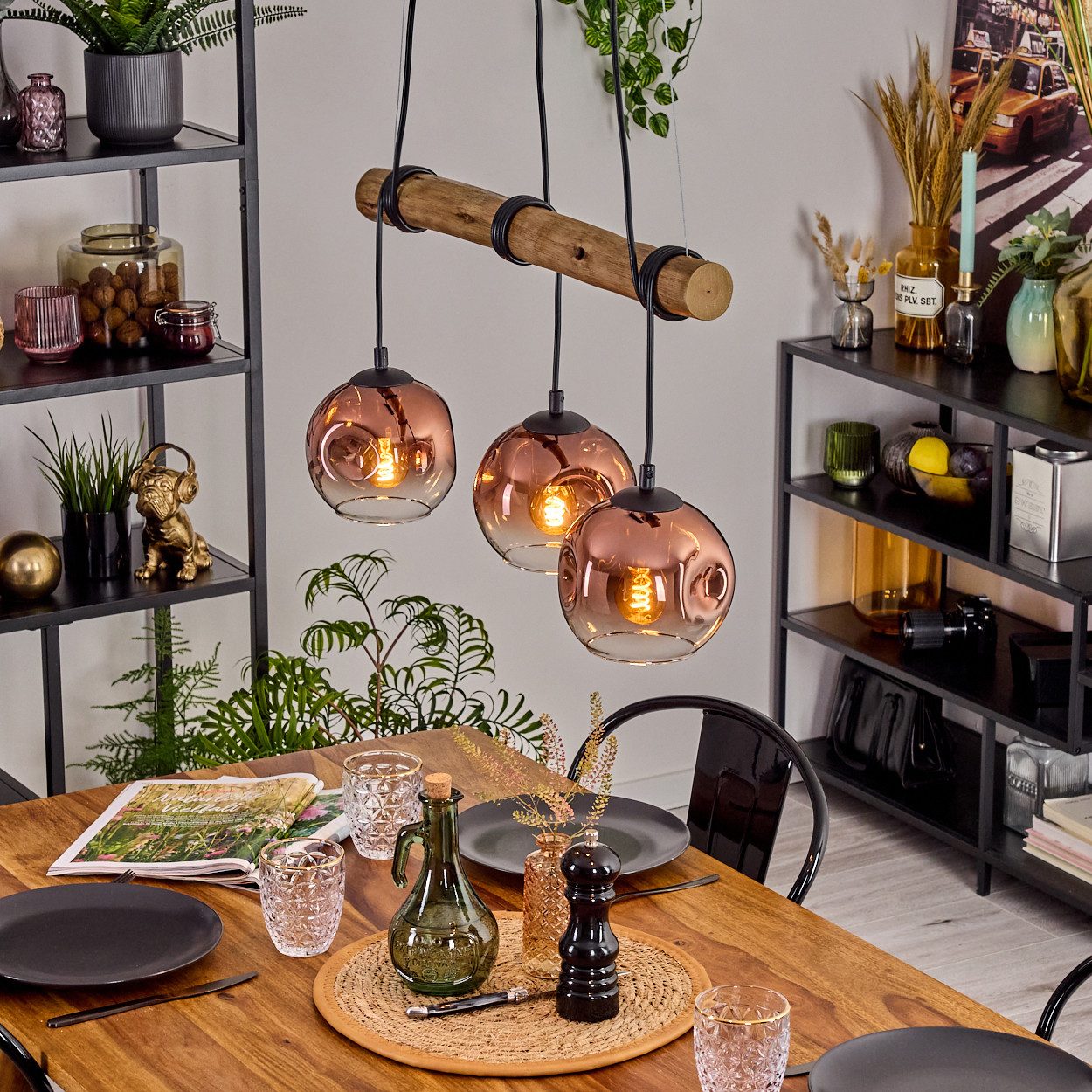 hofstein Pendelleuchte Hängelampe aus Metall/Holz/Glas in Schwarz/Natur/Kupferfarben/Klar, ohne Leuchtmittel, Hängeleuchte im Retro/Boho Design mit Glasschirmen und Holzbalken, E27