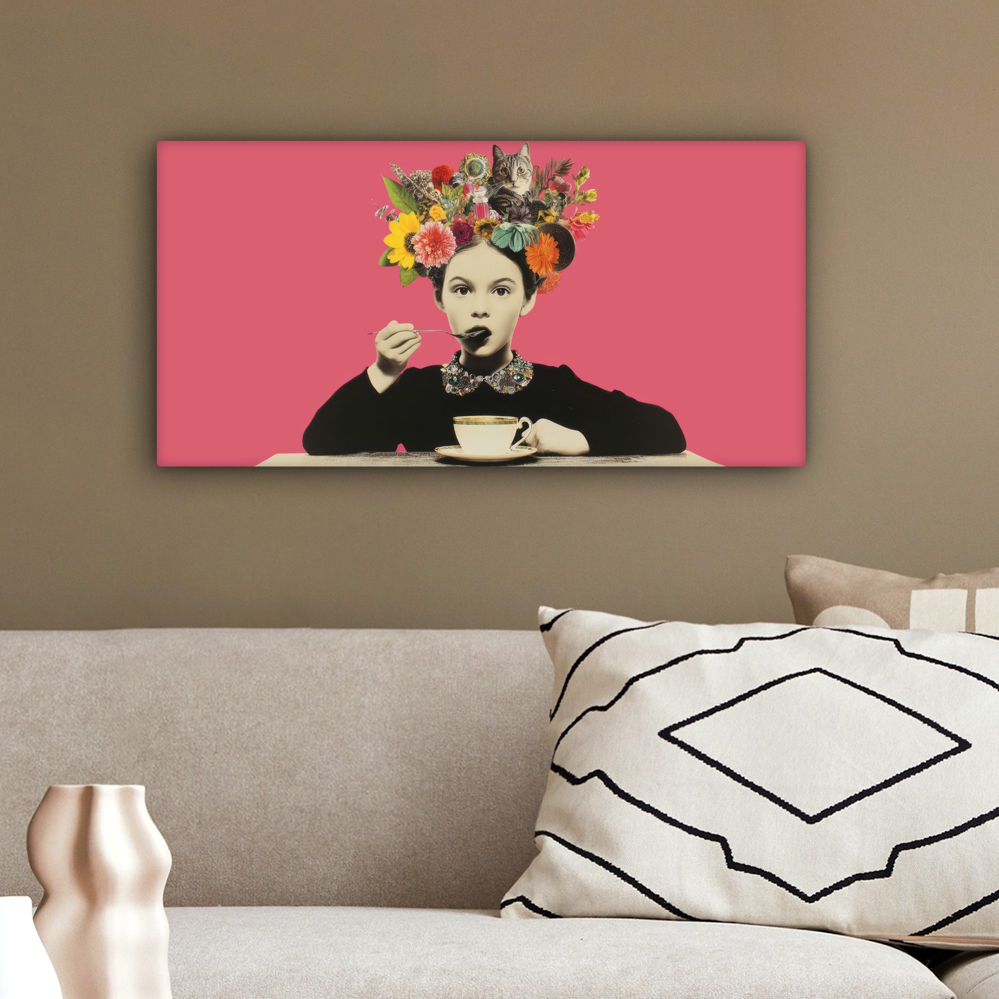 OneMillionCanvasses® Leinwandbild Panorama Mädchen - Tasse - Blumen - Rosa, Fotodruck (1 St), Wandbild, Deko Schlafzimmer Wohnzimmer Flur 40x20 cm