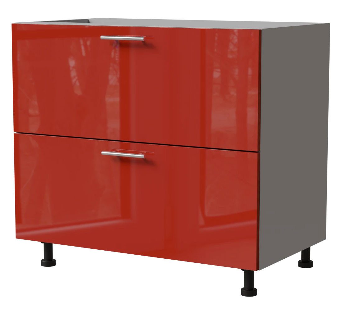 Feldmann-Wohnen Unterschrank Brerra (D2R/90, 2 Schubladen, REJS Komfort Box Vollauszug, 1-St., moderne Optik, lackierte Fronten, 90x50x82cm) grau / RAL 3002 karminrot Hochglanz