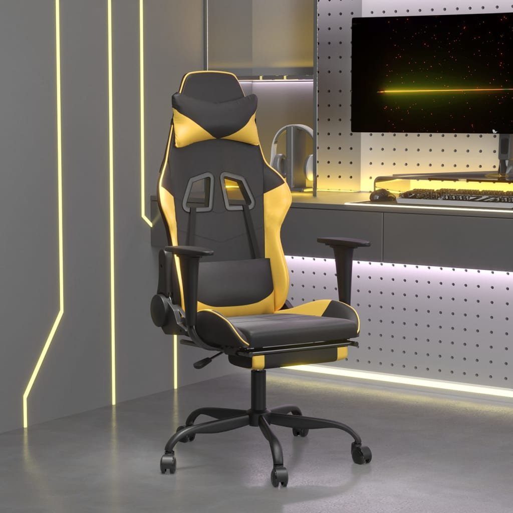 vidaXL und Fußstütze Schwarz Golden Schwarz Golden Gaming-Stuhl (1 | St) Golden Kunstleder Schwarz mit und Gaming-Stuhl und