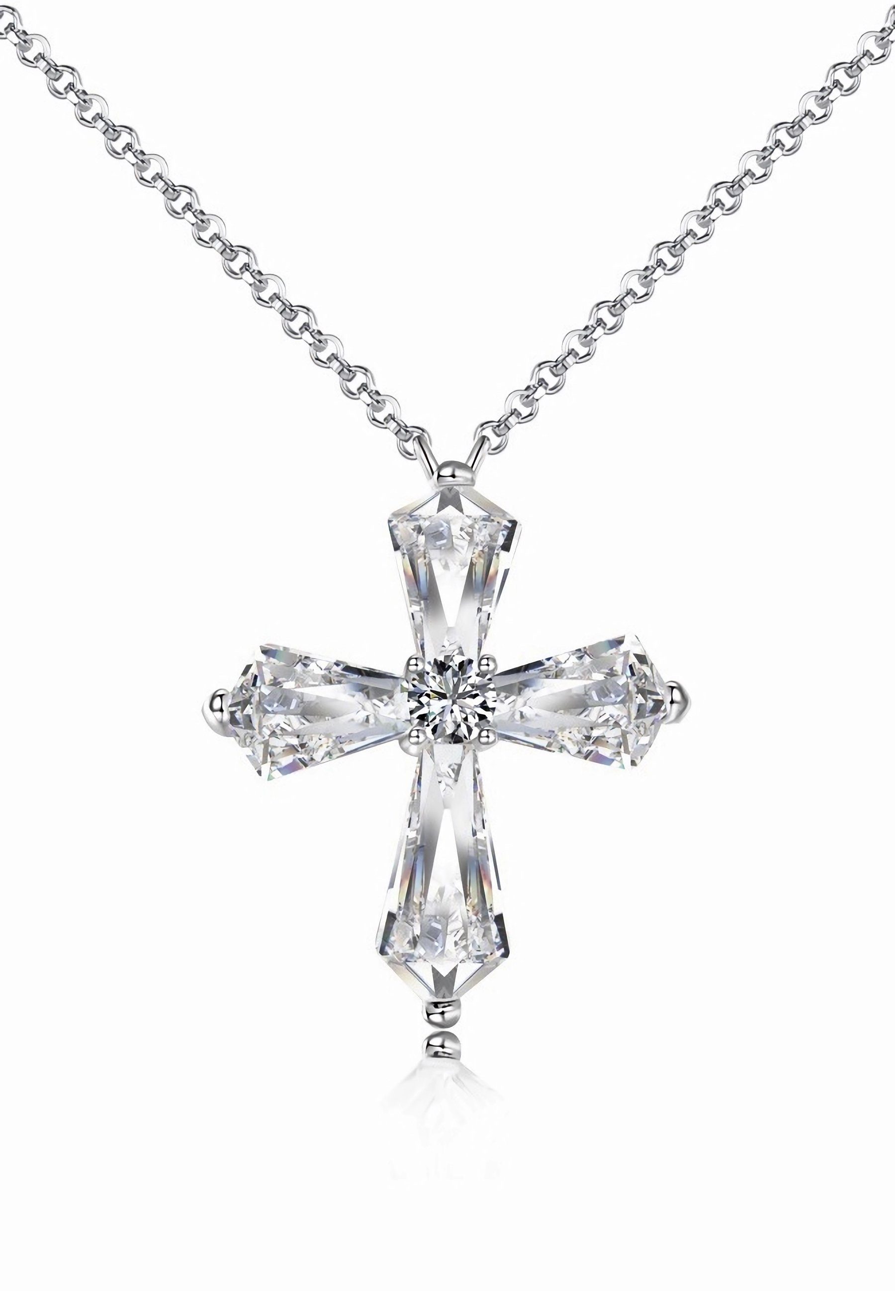 BRELLATO Kreuzkette Damen Crystal Kreuz-Anhänger, Glitzer Statement Collier Vollbesetzt (Geschenk-Idee Valentinstag, Damen-Schmuck Kette mit Ice-Crushed-Schliff Zirkon Kristall, 1-tlg., Silber-Kette, Geschenk Geburtstag Weihnachten Ostern Kommunion Firmung), Halskette, Sterling Silber 925 18K Rhodiniert, 5-A Zirconia