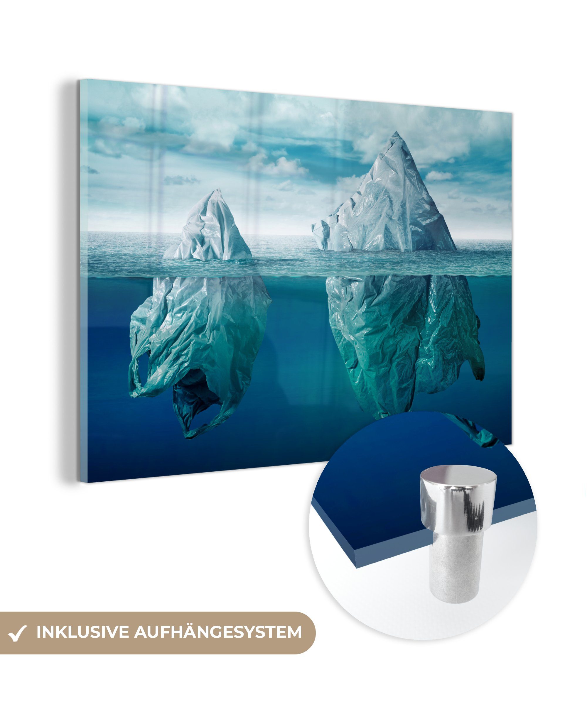Plastiktüten, Eisberg Foto MuchoWow Glas auf Wanddekoration St), auf Meer Bilder - Wandbild - Acrylglasbild (1 - - - Glas Glasbilder