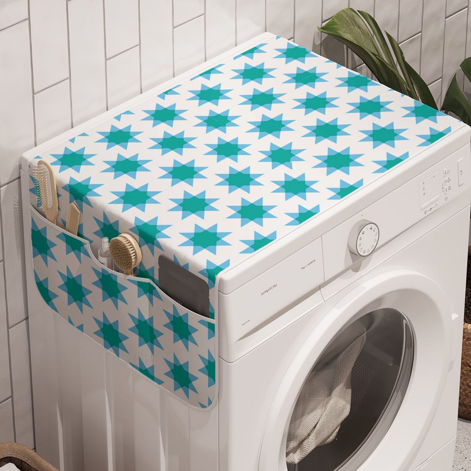Abakuhaus Badorganizer Anti-Rutsch-Stoffabdeckung für Waschmaschine und Trockner, Geometrisch Bicolor-Sterne-Formen Kunst