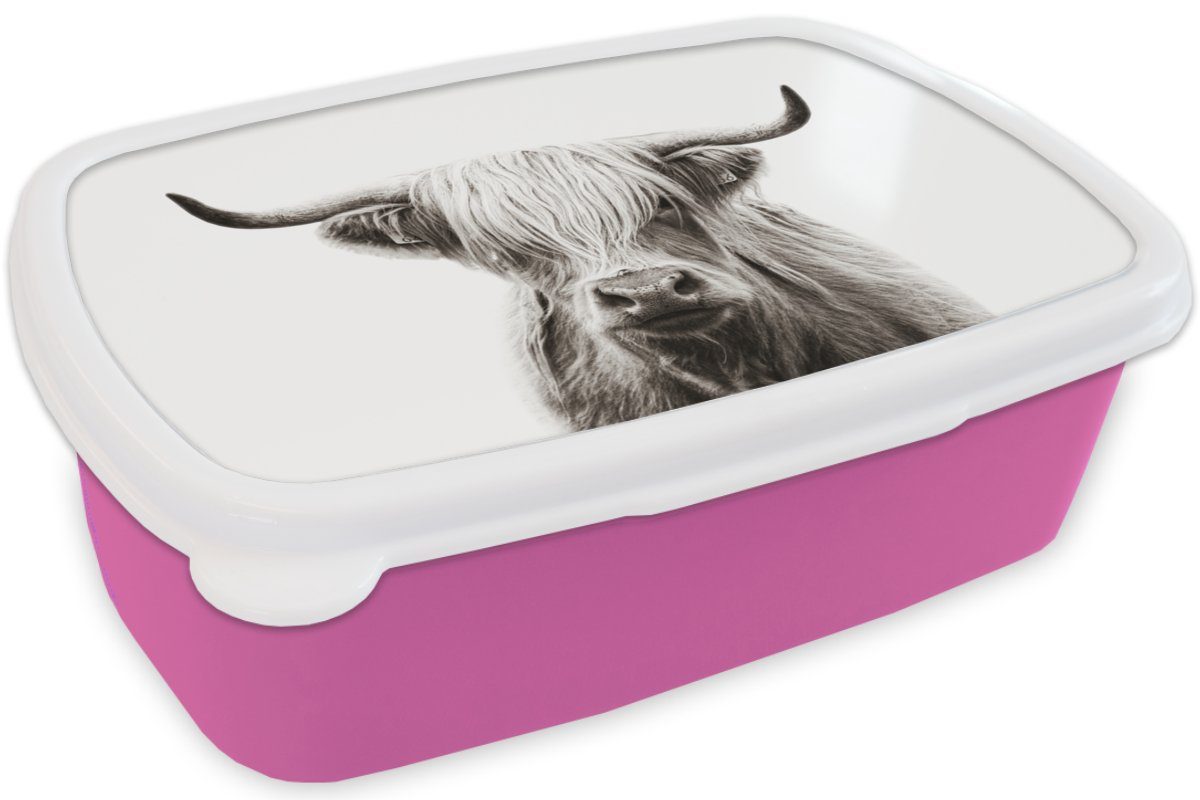 MuchoWow Lunchbox Schottischer Highlander Brotdose Mädchen, Erwachsene, Schwarz Kuh Kunststoff, - für Kunststoff Snackbox, rosa Brotbox - Kinder, Weiß, (2-tlg), 
