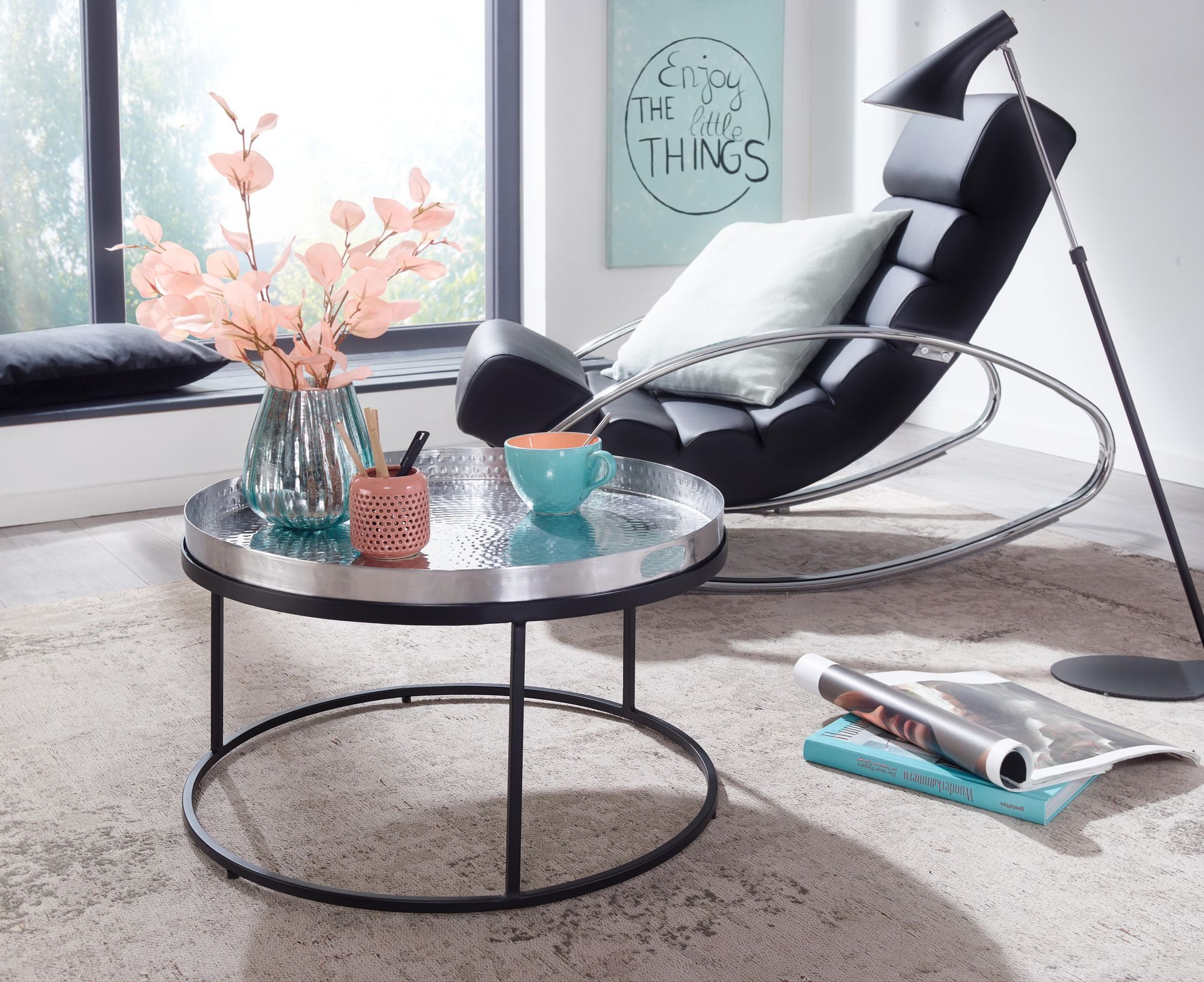 Wohnling Couchtisch WL6.692 Metall Hammerschlag Sofatisch Ø 62 cm Wohnzimmertisch Silbe (62x62x36 cm Silber, Sofatisch Hammerschlag Rund), Wohnzimmertisch Metall, Tabletttisch Aluminium