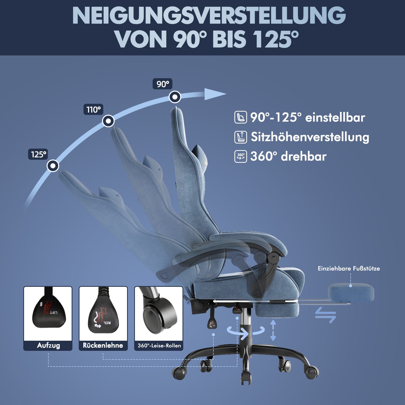 Ferghana Gaming-Stuhl Gaming-Stuhl: Kopfstütze, Lendenkissen, Armlehnen, Fußstütze (Packung), Ergonomischer PC-Stuhl,Rückenlehne 90°-125° – Bild 3 von 5