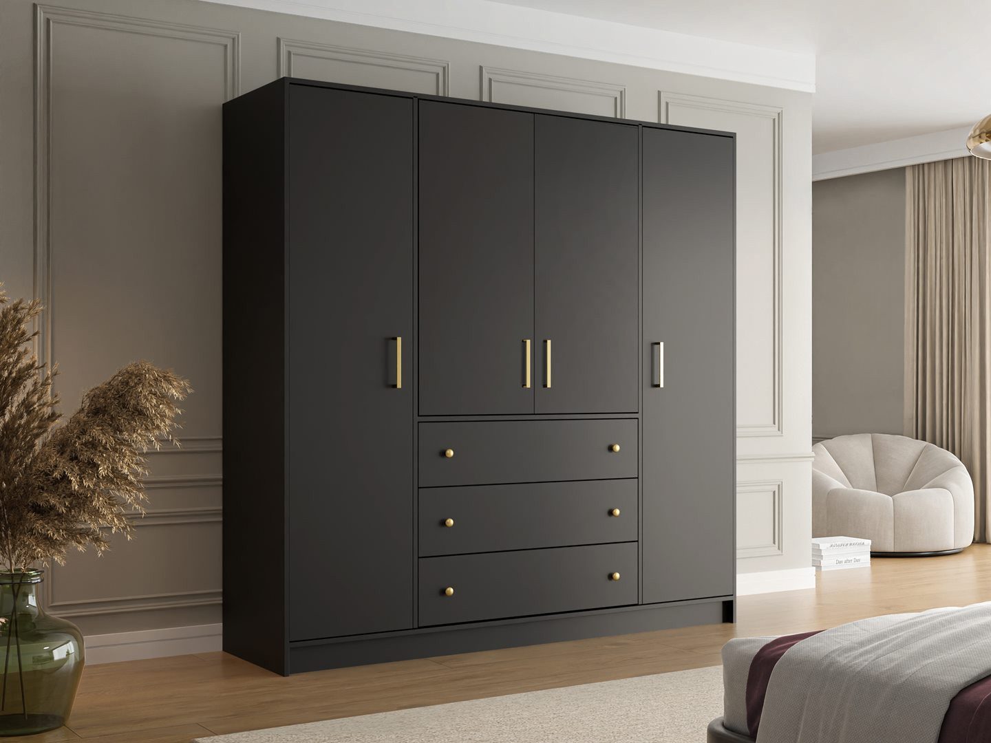 Beautysofa Drehtürenschrank RILO mit 4 Türen und goldfarbene Griffe (Kleiderstange, 8 Regalböden, 3 Schubladen, Farbe: Kaschmir, Weiß oder Schwarz) Breite: 196 cm