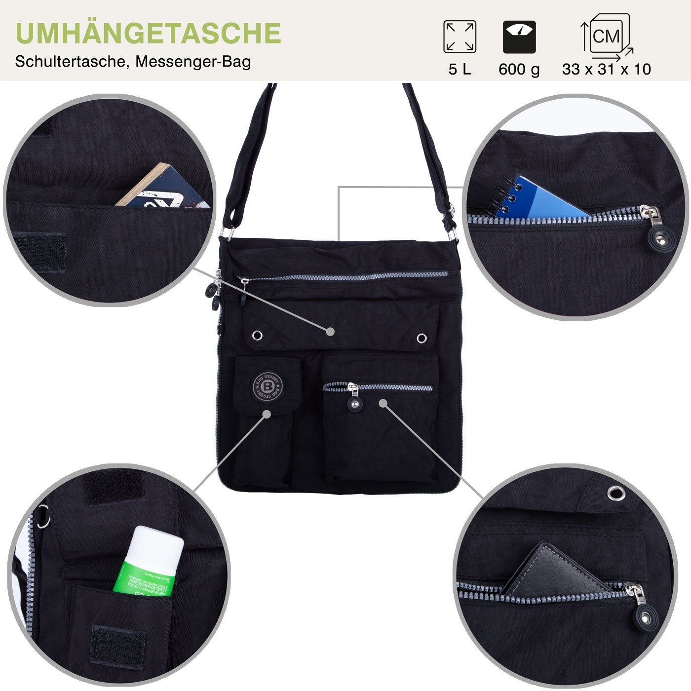 Bag Urlaub City-Tasche mit viel schwarz Kuriertasche Umhänge-Tasche Sportive Henkeltasche, compagno Reise Stauraum