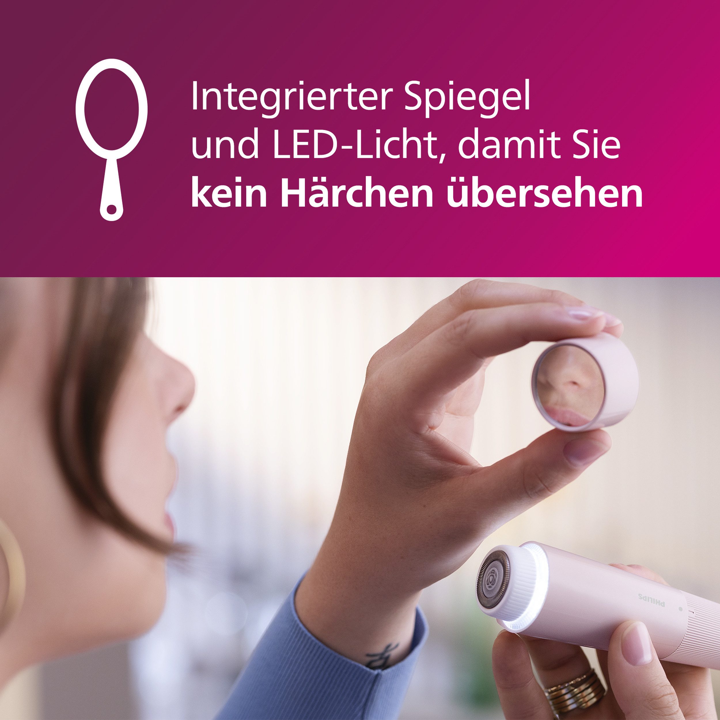 Philips Haarentfernungsgerät für Frauen, Series 5000 BRR454/00, Glatte Haut, auch unterwegs, mit Spiegel und LED-Licht, inkl. Reinigungsbürste – Bild 4 von 5