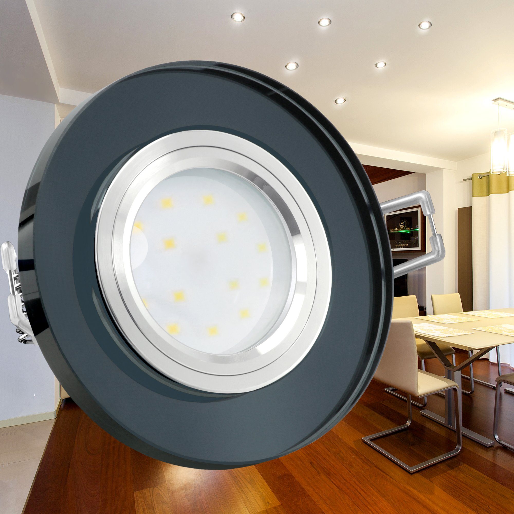 SSC-LUXon LED rund, Neutralweiß fourSTEP LED-Einbaustrahler Glas flach, LED, schwarz spiegelnd, Einbaustrahler