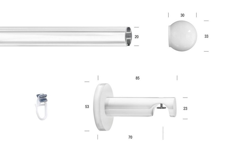 Gardinenstange WHITE, GARESA, Ø 20 mm, 1-läufig, Wunschmaßlänge, verschraubt,  Eisen, Vorhanggarnitur, Innenlauf, verlängerbar, Endknopf Kugel